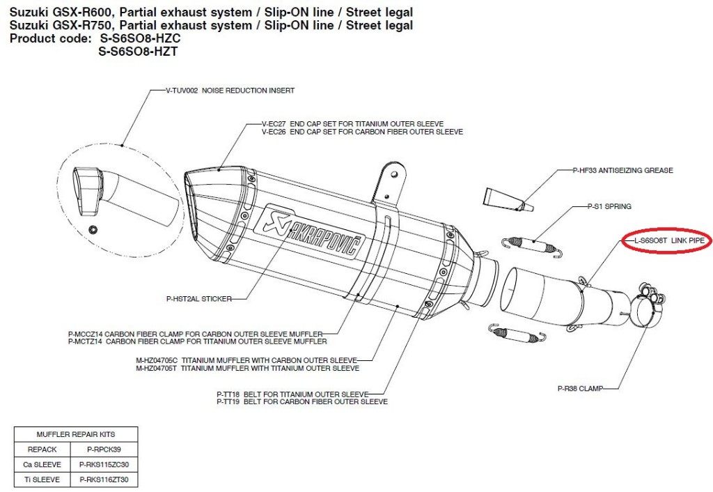 AKRAPOVIC アクラポビッチ 【リペアパーツ】L-S6SO8T link pipe GSX-R600 GSX-R750 SUZUKI スズキ エキゾーストパイプ マフラー