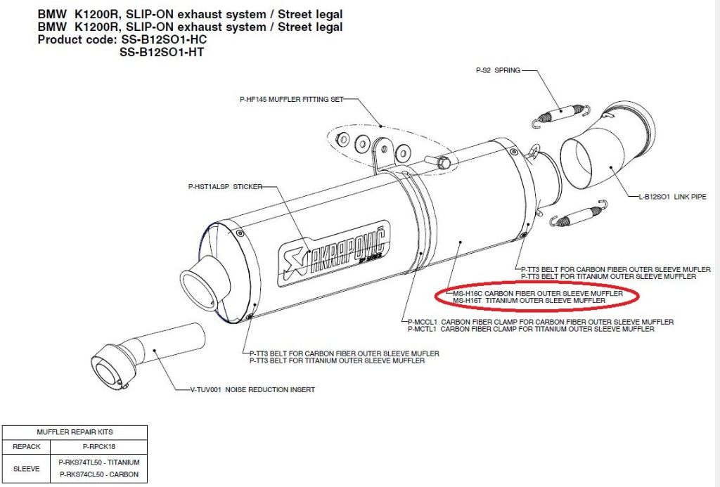 AKRAPOVIC アクラポビッチ 【リペアパーツ】MS-H16T titanium outer sleeve muffler K1200R K1200S BMW..
