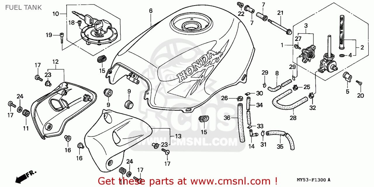 CMS シーエムエス オートコック ASSY．，F(16950-MY5-B64) CB500 1994 R / KPH AUSTRIA ENGLAND MPH FRANCE GERMANY 27P 50P ITALY SPAIN SWITZERLAND 1996 T NORTHERN EUROPE PORTUGAL 1997 V 34P 1998 W 1999 X HONDA ホンダ 燃料コック 燃料関連 エンジン