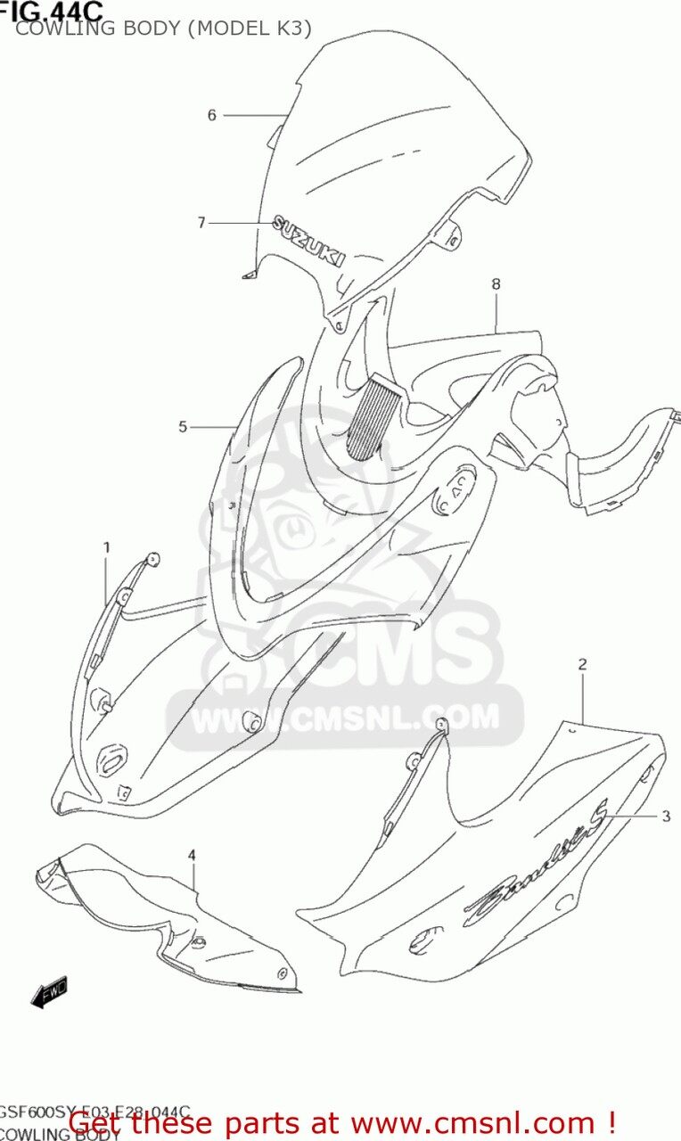 CMS シーエムエス COWLING ASSY，SIDE，L GSF600S BANDIT 2000 Y USA E03 2001 K1 2002 K2 2003 K3 SUZUKI スズキ アッパーカウル・フロントカウル カウル関連 外装