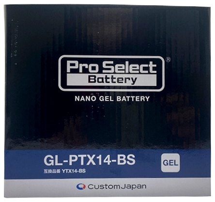 ■商品概要GL-PTX14-BSYTX14-BS 互換ジェルタイプ 液入充電済【サイズ】X14【タイプ】ジェルタイプ【シリーズ】ナノ・ジェル【互換品番】YTX14-BS、FTX14-BS【商品サイズ】長さ：150×幅：86×高さ：145mm■詳細説明プレミアム ジェルバッテリーの特徴ナノジェルテクノロジーとAGM構造でロングライフを実現従来の鉛バッテリーが希硫酸電解液を使用しているのに対し、バッテリー液をジェル状とした次世代型バッテリーがナノ・ジェルバッテリーシリーズです。ジェル状バッテリー液をガラス繊維状のスポンジマットに浸み込ませた独自の内部構造を持っていることが最大の特長となっています。極板との密着性がよくイオン伝導度が高い新開発のナノ・ジェルテクノロジーにより高い起電効率を実現しました。また、きわめて放電しにくいという性質から、長期保管性能をさらに向上させています。ジェル状バッテリー液は、横置きで搭載しても液漏れの心配がなく、耐震性能が高いことも高性能の証です。さらにプレミアムジェルバッテリーは全てメーカー2年保証を実現。手厚いアフターフォローでライダーを応援します。※AGM＝Absorbent Glass Mat・ジェル状バッテリー液だから横置きでも安心・ナノ・ジェルテクノロジーとAGM構造で充放電性能が高くロングライフ・すぐに使える液入充電済CHECK！！開閉式のパワーアップバージョンで「定期メンテナンス不要」「旧車にも対応が可能」「液漏れの心配もなし！」こんな方におすすめ・CBやZなどの旧車に合う最新バッテリーが欲しい・アフターフォローのあるメーカーがいい・プロの整備士も使用している・環境に優しいバッテリーを使いたい・気温差が激しい土地柄でも使える・横置きでも液漏れしないバッテリーを探しているまめ知識「AGMはどういう意味？」AGMは、Absorbed Glass Mat(吸収ガラスマット)のことを指します。この構造を採用することで、抵抗が少なく液がマットに吸収されているため電極が通常よりも大きく高密度で、充放電の耐久性も高いというメリットがあります。ナノ・ジェルテクノロジーとAGM構造で充放電性能能力を向上させた、ロングライフ仕様シリーズ。ProSelect(プロセレクト)はカスタムジャパンが長年に渡り国内有名メーカーをはじめ、多くのバッテリーを取扱いしてきたノウハウを活かし開発した、ハイコストパフォーマンスのオリジナルブランドです。幅広い車種に対応する豊富なラインナップと高い付加価値で、全国数千店のバイクショップ様への導入実績を持ち、数々のお客様より絶賛の声をいただいております。商品の情報・電解液がゲル化しているので、横置きしても液漏れの心配が少なく、振動に強いバッテリーです。・従来のバッテリーより寿命が20％アップ(プロセレクト比)・自己放電率が低く、従来のバッテリーの半分以下(プロセレクト比)長期間保管しても、エンジン始動能力を保ちます。・-30度の低温環境でも高い始動性。AGMセパレーター採用1：充電受入性と始動性が更に向上2、低い電気抵抗■注意点※メーカー保証期間中でも以下の場合はメーカー保証対象外となる場合がございます。・保証書の添付がない・必要事項が未記入・店名が押印されていない場合。・二輪自動車以外の用途にご使用の場合・車両に適合していないバッテリーを使用の場合※画像と異なる場合がございますので、予めご了承ください。※一部の車両で取り付け出来ない若しくはカバーなど加工が必要な物やベルト付きにくい場合がございます。※車名が同じ場合でも、車種によっては年式やタイプにより搭載バッテリーが異なる場合がありますので、必ず実際に搭載されているバッテリー形式をご確認下さい。※画像には他のタイプが含まれている場合があります。※メーカー都合により商品の仕様変更がある場合がございます。ご了承ください。■適合車種GSX-S750&ensp;GSX-S750 年式: 17-&ensp;&ensp;備考: 2BL-C533FVストローム650&ensp;Vストローム650 年式: 17-21&ensp;&ensp;備考: 2BL-C733A&ensp;Vストローム650 年式: 13-16&ensp;&ensp;備考: EBL-VP56AVストローム650XT&ensp;Vストローム650XT 年式: 17-21&ensp;&ensp;備考: 2BL-C733A&ensp;Vストローム650XT 年式: 14-16&ensp;&ensp;備考: EBL-VP56AMEGURO K3&ensp;MEGURO K3 年式: 21&ensp;&ensp;備考: 2BL-EJ800BW800&ensp;W800 年式: 18-21&ensp;&ensp;備考: 2BL-EJ800B&ensp;W800 年式: 11-17&ensp;&ensp;備考: EBL-EJ800AW800 CAFE&ensp;W800 CAFE 年式: 21&ensp;&ensp;備考: 2BL-EJ800B&ensp;W800 CAFE 年式: 19-20&ensp;&ensp;備考: EJ800CKFW800 STREET&ensp;W800 STREET 年式: 21&ensp;&ensp;備考: 2BL-EJ800B&ensp;W800 STREET 年式: 19-20&ensp;&ensp;備考: EJ800BKFGSX-S1000&ensp;GSX-S1000 年式: 17-20&ensp;&ensp;備考: 2BL-GT79B&ensp;GSX-S1000 年式: 15-16&ensp;&ensp;備考: EBL-GT79AGSX-S1000F&ensp;GSX-S1000F 年式: 17-21&ensp;&ensp;備考: 2BL-GT79B&ensp;GSX-S1000F 年式: 15-16&ensp;&ensp;備考: EBL-GT79ASV650&ensp;SV650 年式: 16-21&ensp;&ensp;備考: 2BL-VP55BSV650X&ensp;SV650X 年式: 18-21&ensp;&ensp;備考: 2BL-VP55BFJ1200&ensp;FJ1200 年式: 91-92&ensp;&ensp;備考: 4CCXJR1200&ensp;XJR1200 年式: 94-97&ensp;&ensp;備考: 4KGXJR1200R&ensp;XJR1200R 年式: 96-97&ensp;&ensp;備考: 4KG3TRX850&ensp;TRX850 年式: 95-99&ensp;&ensp;備考: 4NXYZF1000サンダーエース&ensp;YZF1000サンダーエース 年式: 96-03&ensp;&ensp;備考: 4SVエプシロン250&ensp;エプシロン250 年式: 02-03&ensp;&ensp;備考: BA-CJ42Bスカイウェイブ SS&ensp;スカイウェイブ SS 年式: 05-06&ensp;&ensp;備考: BA-CJ43Aスカイウェイブ250&ensp;スカイウェイブ250 年式: 02-05&ensp;&ensp;備考: BA-CJ43A&ensp;スカイウェイブ250 年式: 06-07&ensp;&ensp;備考: BA-CJ44A...