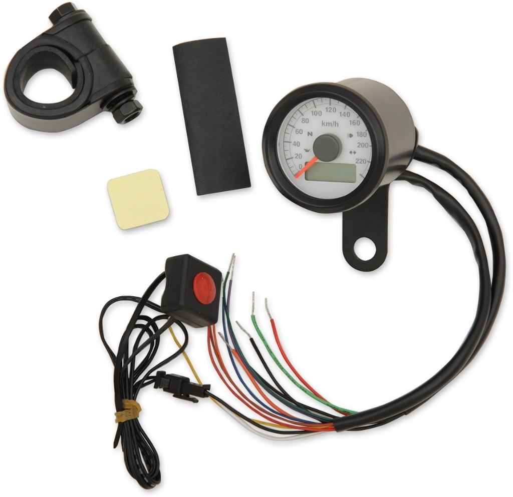 ■商品概要1-7/8' Programmable Speedometer with Indicator Lights - Gloss Black - 220 KPH LED White FaceFace Color：WhiteHousing Color：Gloss BlackHousing Material：Stainless SteelOutside Diameter Imperial：1.875'Product Name：Gauge KitRiding Style：StreetStyle：ElectronicType：SpeedometerUnits：EachpartNumber：22100423■詳細説明Programmable with any sending unit that sends 3，000 - 90，000 pulses per minuteGauge bezel measures 1-7/8' in diameterOverall length is approximately 2' LFeature a 12V LED backlit displayDigital odometer and dual trip metersIndicators for high beam， neutral， oil pressure and turn signalsRemote single-button switch allows easy changing between odometer and trip meterColor-coded wires and detailed wiring instructionsIncludes chrome mounting clamp for installation on 7/8' to 1-1/4' diameter tubingMileage cannot be reset on speedometers■注意点※取扱説明書が付属する場合は、英語となります。※輸入商材の為、納期が遅れる場合がございます。あらかじめご了承ください。※メーカー都合により商品の仕様変更がある場合がございます。ご了承ください。※画像は他のタイプ・カラーリングの場合があります。※画像には他の商品が含まれている場合があります。　※画像はイメージです。■適合車種Screamin’ Eagle Road Glide FLTRSE-I&ensp;Screamin’ Eagle Road Glide FLTRSE-I 年式: 00- Road King Classic EFI FLHRC&ensp;Road King Classic EFI FLHRC 年式: 99-03 883 Hugger XLH&ensp;883 Hugger XLH 年式: 87-03 Softail Fat Boy EFI FLSTFI&ensp;Softail Fat Boy EFI FLSTFI 年式: 02-03 Super Glide FXD&ensp;Super Glide FXD 年式: 99-03 Softail Standard EFI FXSTI&ensp;Softail Standard EFI FXSTI 年式: 01-03 Road Glide EFI FLTR&ensp;Road Glide EFI FLTR 年式: 99-03 Electra Glide Ultra Classic FLHTCU&ensp;Electra Glide Ultra Classic FLHTCU 年式: 99-03 Electra Glide Ultra Classic EFI FLHTCUI&ensp;Electra Glide Ultra Classic EFI FLHTCUI 年式: 99-03 Softail Standard FXST&ensp;Softail Standard FXST 年式: 99-03 Wide Glide FXDWG3&ensp;Wide Glide FXDWG3 年式: 02- 1200 Custom XLC&ensp;1200 Custom XLC 年式: 96-03 Super Glide T-Sport FXDXT&ensp;Super Glide T-Sport FXDXT 年式: 01-03 Wide Glide FXDWG&ensp;Wide Glide FXDWG 年式: 99-03 Electra Glide Classic FLHTC&ensp;Electra Glide Classic FLHTC 年式: 99-03 883 Roadster EFI XLR&ensp;883 Roadster EFI XLR 年式: 02-03 Softail Heritage Springer FLSTS&ensp;Softail Heritage Springer FLSTS 年式: 99-03 Softail Heritage Classic FLSTC&ensp;Softail Heritage Classic FLSTC 年式: 99-03 1200 XLCP&ensp;1200 XLCP 年式: 02-03 883 Roadster XLR&ensp;883 Roadster XLR 年式: 02-03 Super Glide Sport FXDX&ensp;Super Glide Sport FXDX 年式: 99-03 883 Custom EFI XLC&ensp;883 Custom EFI XLC 年式: 99-03 Road Glide FLTR&ensp;Road Glide FLTR 年式: 99-03 Softail Deuce FXSTD&ensp;Softail Deuce FXSTD 年式: 00-03 1200 Custom EFI XLC&ensp;1200 Custom EFI XLC 年式: 02-03 Softail Night Train FXSTB&ensp;Softail Night Train FXSTB 年式: 99-03 Electra Glide Standard EFI FLHTI&ensp;Electra Glide Standard EFI FLHTI 年式: 00-03 Screamin’ Eagle Road King FLHRSE-I&ensp;Screamin’ Eagle Road King FLHRSE-I 年式: 02- Softail Heritage Classic EFI FLSTCI&ensp;Softail Heritage Classic EFI FLSTCI 年式: 01-03 ...■商品番号2210-0423