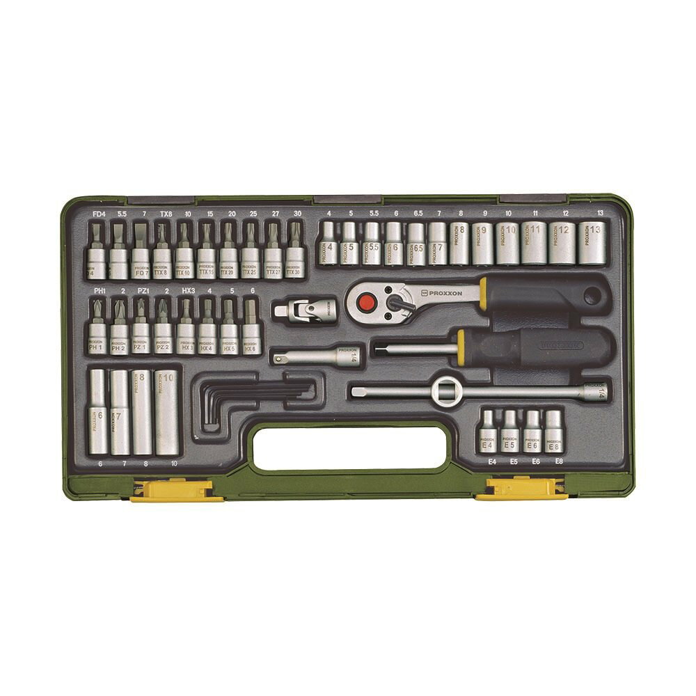■商品概要【セット内容】クラブラチェット(1／4 6.3mm) ドライバーグリップ(1／4 6.3mm)　エクステンションバー (1／4 6.3mm) 50／100mmアダプター 3／8→ 1／4ユニバーサルジョイント(1／4 6.3mm)ソケット(1／4 6.3mm) 4／5／5.5／6／6.5／7／8／9／10／11／12／13mmディープソケット(1／4 6.3mm) 6／7／8／10mmE型トルクスビット(1／4 6.3mm) E4／5／6／7／8／10ヘックスビットソケット(1／4 6.3mm) HEX3／4／5／6mmトルクスビットソケット(1／4 6.3mm) TTX8／10／15／20／25／27／30ドライバービットソケット(1／4 6.3mm)　(＋)PH1／2 PZ1／2ドライバービットソケット(1／4 6.3mm)　(-)FD4.0／5.5／7.0mmL型HEXレンチ HEX1.25／1.5／2.0／2.5／3.0mm専用プラスチックケース 345(W) x 184(D) x 54(H) mm【総重量】1.9kg【素材／材質】クロムバナジウム鋼表面仕上：下地に二層のニッケルクローム／最終仕上げはマットクローム【仕様】レーザーマーキング【規格】DIN(ドイツ工業規格)／ISO(国際標準化機構)　2年保証■詳細説明ソケットレンチセット 1／4全てのアイテムにレーザーマーキングで種類とサイズを表記高度、最大トルクの数値はDIN/ISOの規格値を上回っており、寸法サイズの交差も規格内です。■注意点※メーカー都合により商品の仕様変更がある場合がございます。ご了承ください。