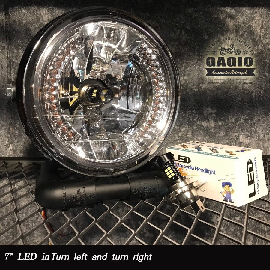 GAGIO MOTOR PARTS ガジオモーターパーツ 7-inch round headlights with built-in turn signals and LED bulbs.