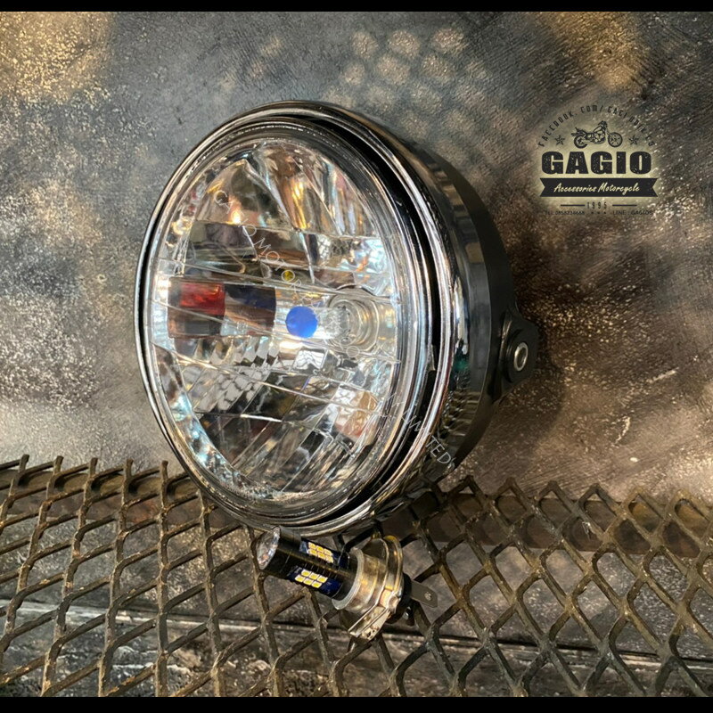 GAGIO MOTOR PARTS ガジオモーターパーツ VICTOR round headlight， size 8 inches， clear lens， plus LED bulbs. ヘッドライト 灯火類 電装系