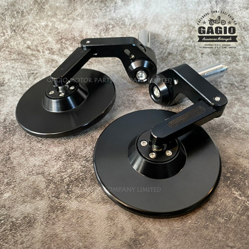 GAGIO MOTOR PARTS ガジオモーターパーツ CNC Bar end mirrors， flat round， adjustable legs. バーエンドミラー ハンドル