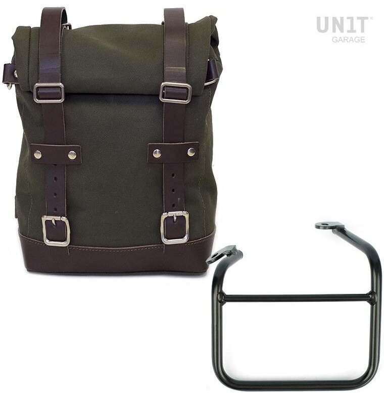 UNIT GARAGE ユニットガレージ Unit Garage Side pannier Canvas +Left frame for Ducati Scrambler 1100 with double exhaust on the right， Green/Brown | U001+1009SX_Green-Brown サイドバッグ 車体用バッグ・ケース