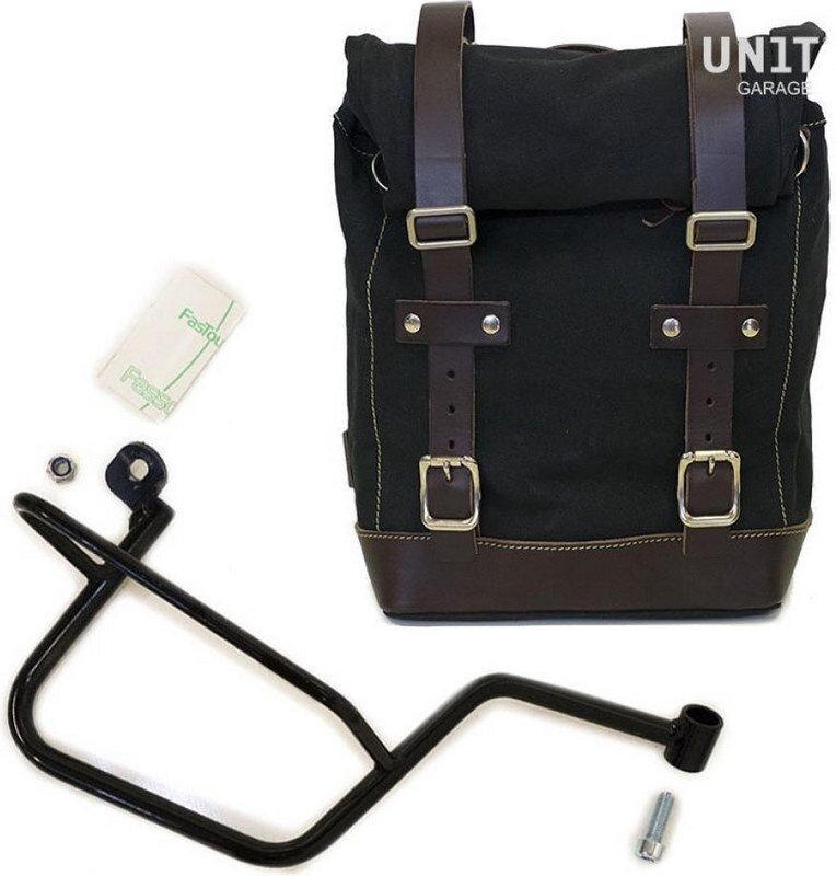 Saddle Bag - UNIT GARAGE ユニットガレージ Unit Garage Side Pannier Canvas + Right Subframe Guzzi V7， Black/Brown | U001+2213DX-Black-Brown サイドバッグ 車体用バッグ・ケース