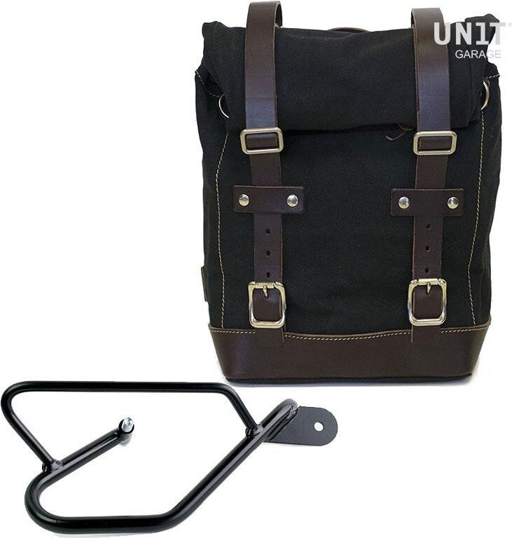 Saddle Bag - UNIT GARAGE ユニットガレージ Unit Garage Side Pannier Canvas + Right Subframe Guzzi V9 Bobber， Black/Brown | U001+2250DX-Black-Brown サイドバッグ 車体用バッグ・ケース