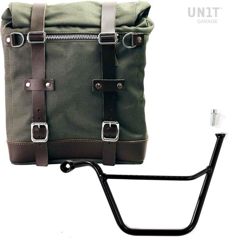 UNIT GARAGE ユニットガレージ Unit Garage Canvas Side Pannier Scram 22L-30L + Left Subframe Triumph Bonneville T100 (2001-2016)， Green/Brown | U201+1005SX-Green-Brown サイドバッグ 車体用バッグ・ケース