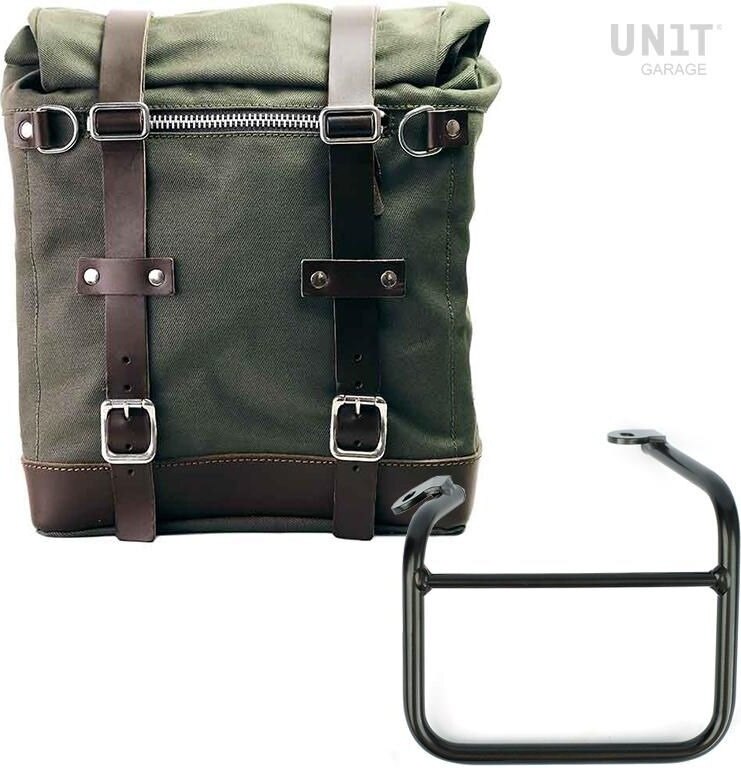 UNIT GARAGE ユニットガレージ Unit Garage Canvas Side Pannier Scram 22L-30L +Left frame for Ducati Scrambler 1100 with double exhaust on the right， Green/Brown | U201+1009SX-Green-Brown サイドバッグ 車体用バッグ・ケース
