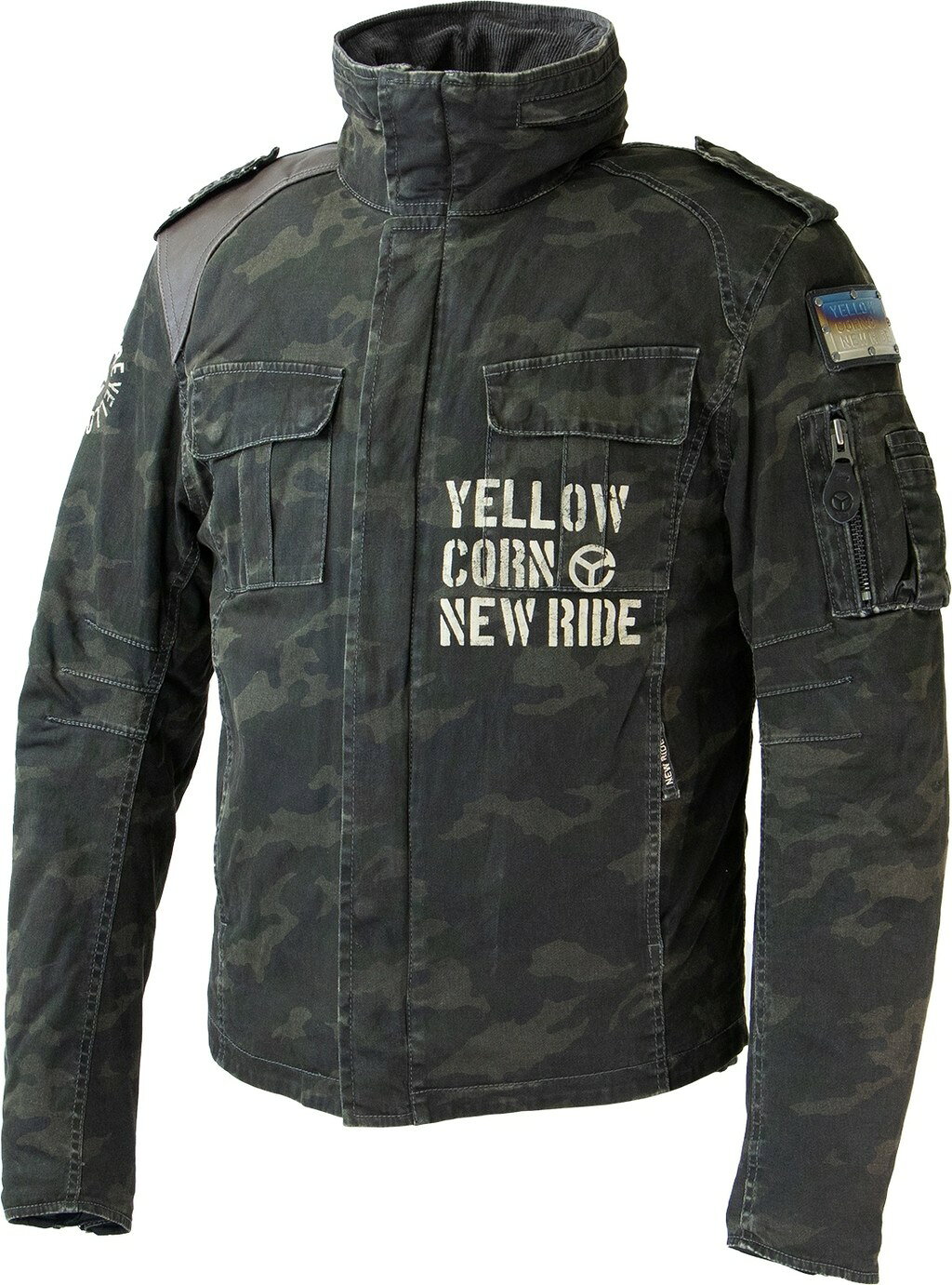 ■商品概要【カラー】CAMO《素材》・ジャケット本体表地：コットン 98％／ポリウレタン 2％、牛革衿裏：コットン100％裏地：ポリエステル 100％・防寒インナー表地：ナイロン100％裏地：ポリエステル 100％中綿：ポリエステル 100％《仕様》・4プロテクターポケット(肩・肘・胸・背中)・肩・肘・脊髄ウレタンプロテクター標準装備・ファスナー脱着式防寒インナー・サイズ調整：なし「防水」：×「透湿」：×「インナー着脱」：○「肩パッド」：○「肘パッド」：○「脊椎パッド」：○「胸部パッド」：△「リフレクター」：×「ばたつき防止」：×■詳細説明YELLOW CORN NEW RIDE新たなライン、「YELLOW CORN NEW RIDE」。都市で暮らすライダーのための'現代のバイクウェア'を発信します。この製品はユーズド加工を施しています。加工の特性上ダメージの具合が一点一点異なります。(サイズ設定について)タイト目なサイズとなります■注意点※胸部プロテクター別売り。※製品の特性上、色ムラやシミ、キズなどが見られる場合があります。※サイズ表数値は外寸になりますので、参考数値としてご使用下さい。※商品の画像はお使いのモニター設定、お部屋の照明等により実際の商品と色味が異なって見える場合がございます。※画像には他のカラーリング・商品が含まれている場合があります。※メーカー都合により商品の仕様変更がある場合がございます。ご了承ください。　※画像はイメージです。