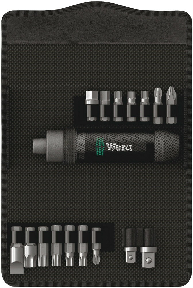 ■商品概要●入組数：17点●差し込み：5/16'六角●専用の布製ボックス付き●M4-M8ネジ用●WERA品番：05072017001■詳細説明●高品質なインパクトドライバーとアダプター、ビットを含む17点セット。●叩いた衝撃力を回転力に変え...