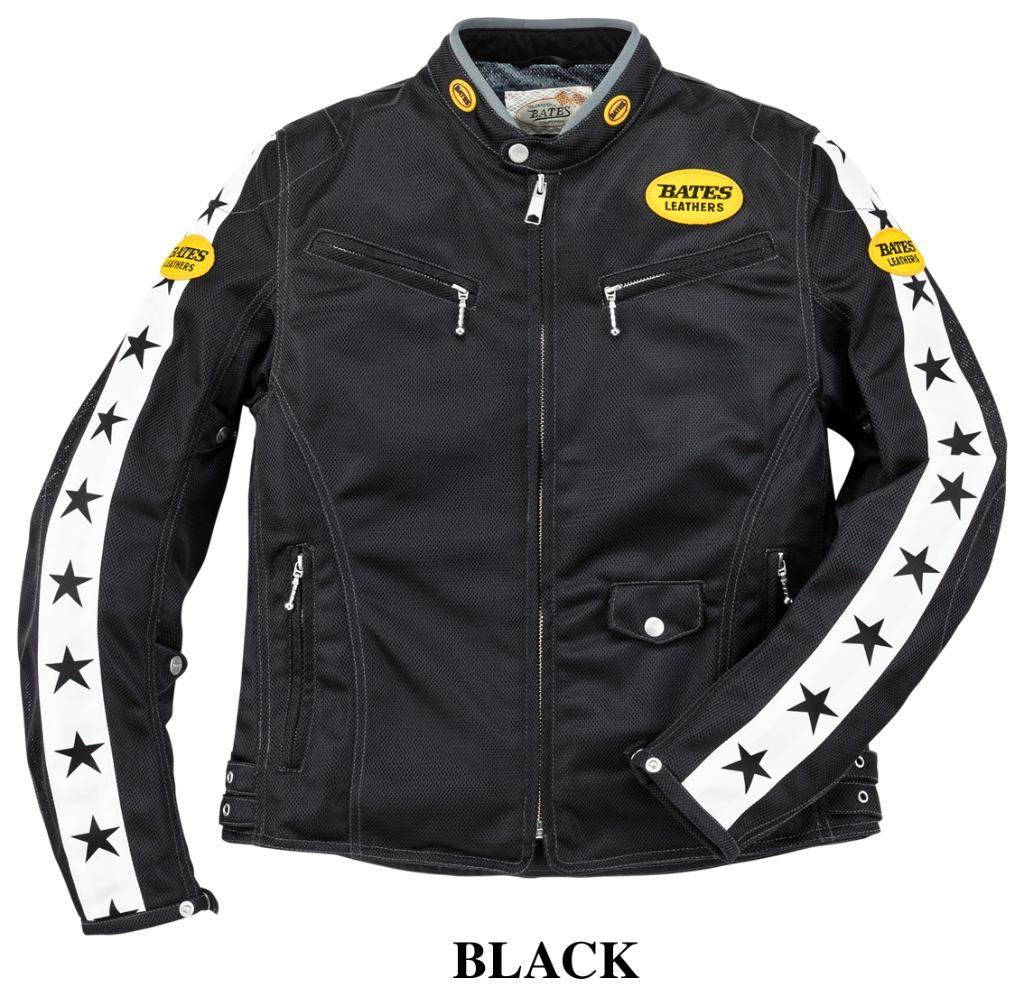 ■商品概要【カラー】BLACK【装備】エアスルー肩肘パッド(脱着可)エアスルー胸部パッド(脱着可)エアスルー脊髄パッド(脱着可)【素材】表地：ポリエステルメッシュ、ポリエステルOX600D／PU裏地：ポリエステルメッシュ(COOL-TEX)■詳細説明ベイツレザー伝統のデザイン＆シルエットのナイロンライダースジャケット。60-70年代にベイツ社が使用していたエンブレムとネームを復刻採用し、袖の★柄プリントがトラデッショナル＆ヴィンテージ感漂うテイストです。【CEプロテクター】より安全性にすぐれているCE規格プロテクターも装着可能です。・BOP-CE12肩パッド・BOP-CE10胸部パッド・BOP-CE11脊髄パッド■注意点※サイズは日本サイズです。サイズ表の数値はサイズ選びのご参考にしてください。※CEプロテクターはオプションとなりますので別途お求めください。※モニター環境により掲載商品と実際の商品とは、色合い・素材感が異なる場合があります。※画像には他の商品、カラーが含まれています。※メーカー都合により商品の仕様変更がある場合がございます。ご了承ください。