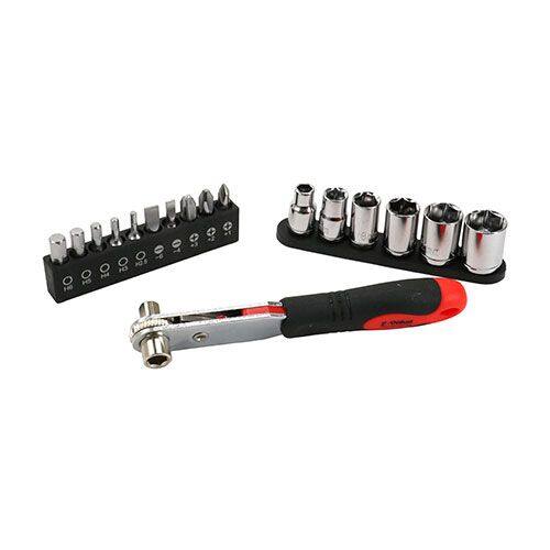 ■商品概要【セット内容】●オフセットラチェットドライバー●プラスネジ用 (＋1・＋2・＋3)●マイナスネジ用 (？4mm・？6mm)●六角穴付きネジ用 (2.5・3・4・5・6mm)●6.35sq差込角ソケット (5.5・7・8・10・12・13mm)■詳細説明家具の組み立て、家庭や事務所のメンテナンスに最適なセット内容です。【用途】狭い場所でのネジやボルトの締め付け、緩め作業。【機能】・通常のドライバーでは使用できない、高さが制限された狭い隙間の作業が可能です。・1本でビットとソケットの取り付けが可能な2WAYヘッドを採用しています。・ラチェット機構は、ネジに押し当てたままドライバーの反復動作で素早い作業が可能です。■注意点※電気の流れているものには使用しないでください。※ネジ、ボルト、ナットのサイズに合ったものを使用してください。※過負荷はネジの破損やけがの原因となります。※保護メガネ等、防護具を着用してください。※本来の目的、用途以外には使用しないでください。※画像には他の商品が含まれている場合があります。※メーカー都合により商品の仕様変更がある場合がございます。ご了承ください。