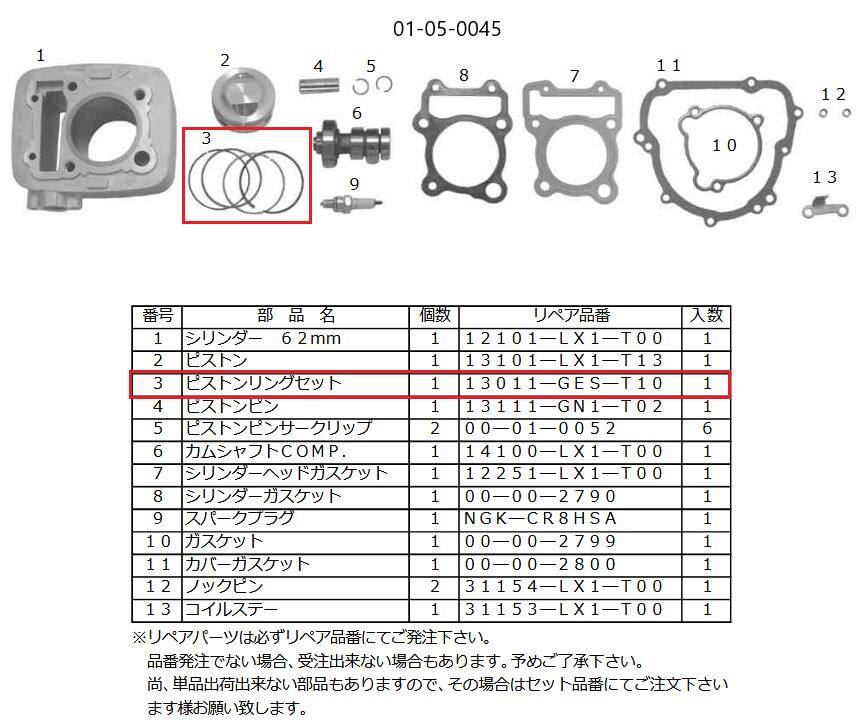 ■商品概要【画像内番号】3入数：1set【旧品番】13011-GES-T10対象商品品番：01-05-0045/01-04-1013/01-02-2705/01-04-1013/01-05-0015/01-04-1016/01-04-1017/01-02-0130■注意点※該当商品は画像赤枠内です。※ロットによっては、価格変更前の旧価格・旧JANコードでのラベルでお届けになる場合がございます。予めご了承ください。※メーカー都合により商品の仕様変更がある場合がございます。ご了承ください。
