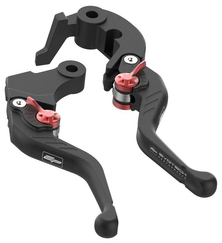 ■詳細説明Evotech Performanceが設計したクラッチレバーとブレーキレバーのセットです。各レバーは指になじみやすい深いアールエッジ形状を採用。障害物への接触時には上方へ可動し、手動で元の位置へ戻せます。張力スプリングとベアリングにより所定位置を保持します。両レバーに6段階のスパンアジャスターを装備し、加工済みのくぼみで調整位置を確認できます。レバー中間点での標準調整幅は17mm(±1mm)です。レバーブレードと取付ブラケットはビレットアルミニウム削り出し。レバー後部のスカラップ加工により、強度を保ちながら軽量化しています。ステンレス製CNC加工クレビスピン、保持クリップ、付属する場合はピストン調整ねじ／バレルおよび張力保持スプリングを含みます。CNC加工取付ブラケットはOEコンポーネントに対応します。レバーブレードと取付ブラケットはブラックアルマイト仕上げ、スパンアジャスターはレッドアルマイト仕上げです。グリーン、シルバー、ブルー、ブラック、ゴールド、オレンジ、チタンのスパンアジャスターは、EPアクセサリーセクションでご用意しています。レバーと取付ブラケットにはEvotechPerformanceロゴを配置。EvotechPerformance?およびEP?はDrury PrecisionEngineering Ltdの登録商標です。■注意点※取り扱い説明書が付属する場合は外国語となります。※輸入商材の為、納期が遅れる場合がございます。あらかじめご了承ください。※メーカー都合により商品の仕様変更がある場合がございます。ご了承ください。　※画像はイメージです。■適合車種Tracer 9 GT+&ensp;Tracer 9 GT+ 年式: 25-Tracer 9 GT&ensp;Tracer 9 GT 年式: 25-Tracer 9&ensp;Tracer 9 年式: 25-