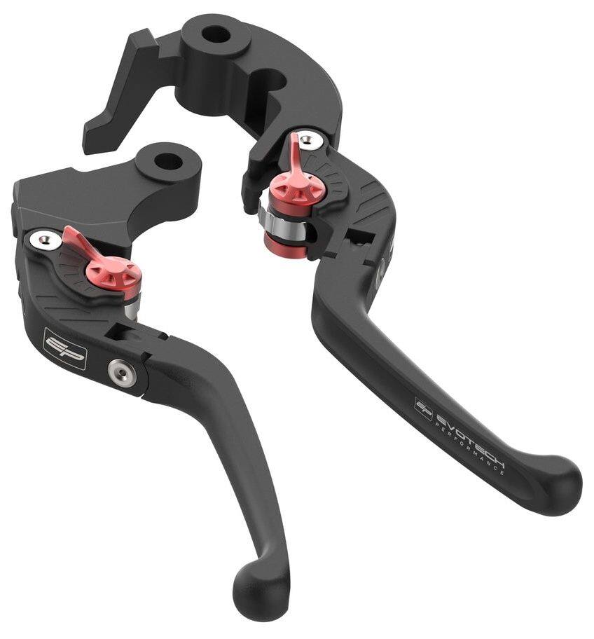 ■詳細説明Evotech Performanceが設計したクラッチレバーとブレーキレバーのセットです。各レバーは指になじみやすい深いアールエッジ形状を採用。障害物への接触時には上方へ可動し、手動で元の位置へ戻せます。張力スプリングとベアリングにより所定位置を保持します。両レバーに6段階のスパンアジャスターを装備し、加工済みのくぼみで調整位置を確認できます。レバー中間点での標準調整幅は17mm(±1mm)です。レバーブレードと取付ブラケットはビレットアルミニウム削り出し。レバー後部のスカラップ加工により、強度を保ちながら軽量化しています。ステンレス製CNC加工クレビスピン、保持クリップ、付属する場合はピストン調整ねじ／バレルおよび張力保持スプリングを含みます。CNC加工取付ブラケットはOEコンポーネントに対応します。レバーブレードと取付ブラケットはブラックアルマイト仕上げ、スパンアジャスターはレッドアルマイト仕上げです。グリーン、シルバー、ブルー、ブラック、ゴールド、オレンジ、チタンのスパンアジャスターは、EPアクセサリーセクションでご用意しています。レバーと取付ブラケットにはEvotechPerformanceロゴを配置。EvotechPerformance?およびEP?はDrury PrecisionEngineering Ltdの登録商標です。■注意点※取り扱い説明書が付属する場合は外国語となります。※輸入商材の為、納期が遅れる場合がございます。あらかじめご了承ください。※メーカー都合により商品の仕様変更がある場合がございます。ご了承ください。　※画像はイメージです。■適合車種Tracer 9 GT+&ensp;Tracer 9 GT+ 年式: 25-Tracer 9 GT&ensp;Tracer 9 GT 年式: 25-Tracer 9&ensp;Tracer 9 年式: 25-