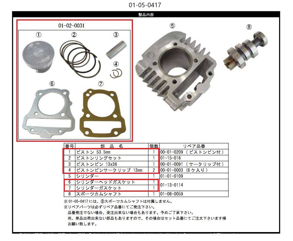 ■商品概要【画像内番号】1.2.3.4.6.7入数：1(1)/2(1set)/3(1)/4(2)/7(1)/8(1)Φ53.5／125cc／10.8：1対象商品品番：01-05-0417/01-05-0418/01-05-5486■注意点※該当商品は画像赤枠内です。※ロットによっては、価格変更前の旧価格・旧JANコードでのラベルでお届けになる場合がございます。予めご了承ください。※画像には他の商品が含まれている場合があります。※メーカー都合により商品の仕様変更がある場合がございます。ご了承ください。■適合車種クロスカブ&ensp;クロスカブ&ensp;&ensp;備考: (JA07／10)スーパーカブ110&ensp;スーパーカブ110