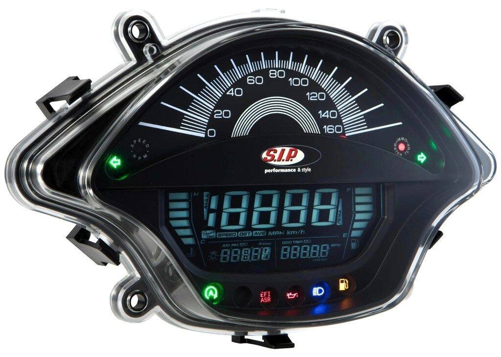 ■商品概要- 160 (km/h/mph)／16.000 (Umin/rpm)フェイス：ブラックホワイトの数字フェイスプレート：ブラックグレード1＊ - 一流の修理、非常に魅力的なアクセサリーとして■詳細説明SIP スピードメーター/レブカウンターは、最小限の装備を備えたオリジナルのスピードメーターユニットを最先端の多機能計器に置き換えます。このスピードメーターには、スクーターの速度 (時速 160 マイルまで) またはモーターの速度 (16.000 rpmまで)を表示する非常に大きなアナログ表示が付いています。これは、スピードメーターの針が現在の回転数または速度を表示するようにプログラムできることを意味します。デジタル表示スピードメーターの表面の下半分にあるディスプレイは、車両の「モード」ボタンを使用してスクロールする18の異なる機能を表示するために使用できます。標準的なアナログ/デジタル車両およびモーター速度測定に加えて、このスピードメーターには、トリップカウンター/総走行距離機能、モーターおよび周囲温度測定、距離と速度測定用の加速度センサー、平均速度、その他多くの革新的な機能もあります(下記の機能リストを参照)。バックライトの色は、 8つの異なる色に設定でき、明るさも調整可能です。各点火シーケンス中に、速度計は自動診断チェックを実行します。スクーターの走行速度は、車両のワイヤリングハーネスに組み込まれているオリジナルの速度センサー、または別売りのデジタルセンサーシステムのいずれかを使用して測定できます。完全な配線織機アダプターがキットに含まれています。これにより、はんだ付けの必要がなく、取り付けが簡単になります。機能：アナログ速度：0-160 mph/kphデジタル速度：0-260 kphアナログ回転数：0-16000 rpmデジタル回転数：0-16000 rpm総走行距離：0000-999999 マイル/km走行距離 A ＆ B：最大 9999.9mph/kph走行時間 A ＆ B最長 99.59 時間バッテリー充電レベル (不足電圧警告を含む)プログラム可能な総走行距離 (元の車両の走行距離と同期可能)A と B 間の平均速度、最大 160 マイル/時バックライトの 5 つの異なる照明レベルバックライトの色は 8 色から選択可能デジタル燃料レベル警告 (燃料ディスプレイの点滅で表示) ＆燃料ランプ)デジタル時計(12時間/24時間)温度計過熱警告(警告、温度記号を含むバー全体が点滅します。)シリンダーヘッド/点火プラグの温度測定(最大250°C/32°-482°F)、点火プラグ温度用の別個のセンサーもキットに含まれています最高速度、最大回転数、温度のデータ保存機能トリップと加速測定トリップ測定は、0-1000 メートルの距離で行うことができます。加速度測定は、自由に選択した速度範囲で行うことができます。注意：SIP スピードメーター/回転カウンターの完全な保証を維持するには、レンズカバーのすべての作業、修理、交換は、SIPスクーターショップまたは承認されたワークショップで行う必要があります。ハウジングを開けようとするなど、その他すべての改造は保証を無効にします。■注意点※取扱説明書が付属する場合は外国語となります。※輸入商材の為、納期が遅れる場合がございます。あらかじめご了承ください。※画像には他の商品が含まれている場合があります。※メーカー都合により商品の仕様変更がある場合がございます。ご了承ください。■適合車種GTS 300&ensp;GTS 300 年式: 20-22&ensp;&ensp;備考: 300cc type ZAPMD31，ZAPMD3101 engine 4TLC&ensp;GTS 300 年式: 19-20&ensp;&ensp;備考: 300cc type ZAPMA36，ZAPMA39 engine 4T LC&ensp;GTS 300 年式: 17-18&ensp;&ensp;備考: 300cc type ZAPMA3300 engine 4T LC&ensp;GTS 300 年式: 14-16&ensp;&ensp;備考: 300cc type ZAPM45200 / ZAPM45202 engine 4TLCGTS 300 SuperSport&ensp;GTS 300 SuperSport 年式: 20-22&ensp;&ensp;備考: 300cc type ZAPMD31，ZAPMD3101 engine 4TLC&ensp;GTS 300 SuperSport 年式: 19-20&ensp;&ensp;備考: 300cc type ZAPMA36，ZAPMA39 engine 4T LC&ensp;GTS 300 SuperSport 年式: 17-18&ensp;&ensp;備考: 300cc type ZAPMA3300 engine 4T LCGTS 300 SuperTech&ensp;GTS 300 SuperTech 年式: 20-22&ensp;&ensp;備考: 300cc type ZAPMD31，ZAPMD3101 engine 4TLC&ensp;GTS 300 SuperTech 年式: 19-20&ensp;&ensp;備考: 300cc type ZAPMA36，ZAPMA39 engine 4T LCGTS i.e. Super／Super Sport&ensp;GTS i.e. Super／Super Sport 年式: 14-16&ensp;&ensp;備考: 125cc type ZAPM45300 / ZAPM45301 engine 4TLCGTS i.e. Super&ensp;GTS i.e. Super 年式: 14-16&ensp;&ensp;備考: 125cc type ZAPM45300 engine 4T LC&ensp;GTS i.e. Super 年式: 14-16&ensp;&ensp;備考: 300cc type ZAPM45200 / ZAPM45202/ ZAPM459Lengine 4T LCGTS i.e.／Touring 4V HPE Euro5&ensp;GTS i.e.／Touring 4V HPE Euro5 年式: 20-22&ensp;&ensp;備考: 300cc type ZAPMD31，ZAPMD3101 engine 4TLCGTS i.e.／Touring 4V HPE&ensp;GTS i.e.／Touring 4V HPE 年式: 19-20&ensp;&ensp;備考: 300cc type ZAPMA36，ZAPMA39 engine 4T LCGTS 300 Touring&ensp;GTS 300 Touring 年式: 14-16&ensp;&ensp;備考: 300cc type ZAPM45200 / ZAPM45202 engine 4TLC&ensp;GTS 300 Touring 年式: 17-18&ensp;&ensp;備考: 300cc type ZAPMA3300 engine 4T LC