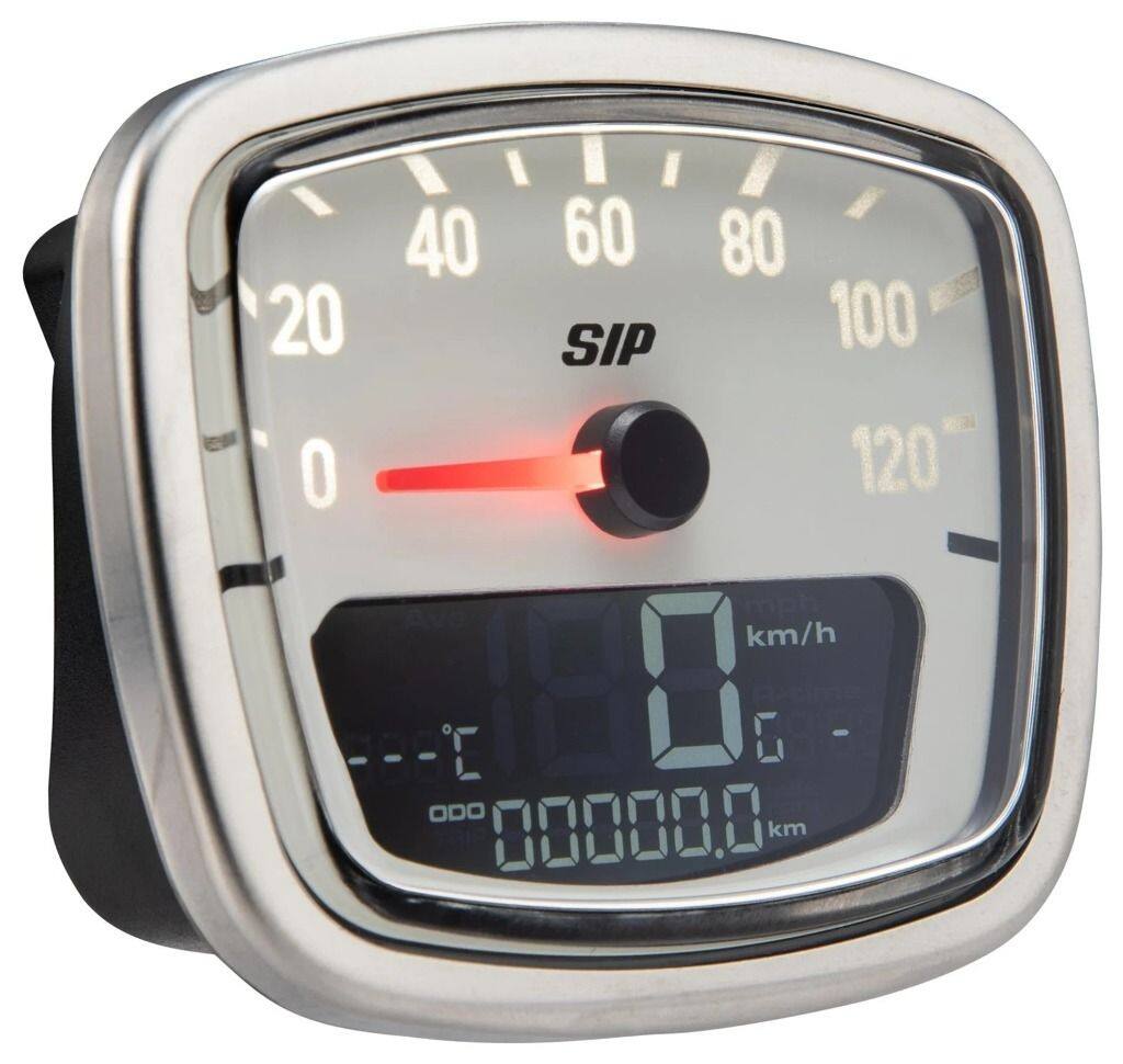 ■商品概要- 120 (km/h/mph)／12.000 (Umin/rpm)文字盤：ホワイト、液晶ブラックデジタル/アナログ、20 機能グレード1＊ - 一流の修理、非常に魅力的なアクセサリーとして■詳細説明2010年の導入以来、SIPスピードメーター/レブカウンターはヴィンテージスクーターのスピードメーター市場に革命をもたらしました。以前は追加のコックピット計器でのみ可能であった機能が、今では 1 つのユニットに統合されて楽しむことができるようになりました-そしてこれらすべてが最大限の控えめな表現で楽しめるようになりました！これらの機能満載のコックピット計器は、一見すると OE PIAGGIO スピードメーターと同じです。そして今、ついに、多くのお客様の夢が 2 つで現実になりました。追加の種類が現在入手可能です。1 つは Vespa VNA/VNB モデル用で、もう 1 つは V30-VL の FaroBasso/ワイドフレームモデルに適したバージョンです。2 番目のタイプは、ACMA、Motovespa などによって製造されたものなど、多くのライセンス構築されたVespaモデルとも互換性があります。コンパクトな寸法にもかかわらず、内部的に完全に見直され、既存の SIP2.0スピードメーターよりも多くの機能が含まれています。直感的なギアインジケーターが最新のスピード/パワーテストアプリケーションとともに新しくなりました。この機能がなければ、現代の Vespa モデル用に製造された大型のスピードメーターにしかスペースがありませんでした。これらの機能には、停止状態から事前にプログラムされた速度まで加速するのにかかる時間や、一定の距離を移動するのにかかる時間を測定できるタイマーも含まれています。これにより、「6 秒で時速 0-100 キロ」などの値が可能になります。 「5.3 秒で150メートル」など確実に記録することが可能です。これらのスピードメーターには 12V 電源が必要ですが、これらのヴィンテージ モデルでは、PX、Vespatronic、またはSIPパフォーマンス点火システムのいずれかを取り付けることで最適に実現されます。これが不可能な場合は、追加の取り外し可能な 12V バッテリーでも電力を供給できます。これを可能にするために、最小限の設定で事前にプログラムできるバッテリー充電レベルインジケーターも組み込まれています。充電値を表示し、バッテリーの再充電が必要であることをライダーに警告します。速度は、付属の電子回転センサーをフロントアクスルに取り付けることによって測定されます。スピードメーターハウジングの寸法が非常にコンパクトであるため、機械式スピードメーターケーブルを取り付けることはできません。回転カウンターや温度モニターなど、既存のSIPスピードメーターの実証済みの機能がすべて含まれており、過熱や熱焼き付けなどを回避するために長時間のツーリング中にモーター温度をチェックするのに特に効果的です。最新のこれらの新しいスピードメーターの機能には、排気ガス温度モニター (EGT、SIP5001EGTJ)が含まれており、追加のラムダセンサー (AF センサー、SIP 5001AFJO)を使用して混合燃料の濃さも表示できます。したがって、最終的には、Faro Basso、ワイドフレーム、ACMA、Motovespa、VNA/VNBなどの最も古いヴィンテージVespa モデルでも、最終的に表示できるようになります。情報：DC システムの回転信号は、SIP パフォーマンス イグニッションの白色入力ケーブルを使用するか、追加のフィルターモジュール(SIP KOBA0040) を使用して提供できます。VNA/VNB およびワイドフレーム モデル用の SIP スピードメーター/回転カウンター 2.0 の技術仕様の概要：アナログ回転カウンター最大値：12.000回転数デジタルレブカウンター最大値：12.000 rpm最高回転数の表示と記録アナログ回転数の最大値：120kph/mphデジタル回転数の最大値：199kph/mph最高速度の表示と記録温度表示最大値：250°C/482°F、温度センサーと固定具が付属最高温度総走行距離表示最大値：99，999 km またはマイル総走行距離プログラム可能、以前のスピードメーター走行距離表示を保持可能毎日の走行距離表示値：A+B 最大 9999.9 km/マイル走行期間値：A+B 最大 99.59 時間平均速度値：A+B 最大 199kmh または 140mph5 段階の表示輝度レベルが可能SIP Fast-Flow 燃料タップ/電子燃料予備センサーと組み合わせた場合、燃料残量表示配線織機が 12V 電力を供給できない場合、外部バッテリーで操作可能直感的デジタルギア選択インジケータースピードテスト機能、0 - 60 mphなどパワーテスト機能、スプリントタイム計測排気温度/EGTセンサー取付可能(5001EGTJ)ラムダセンサー/AFセンサー取付可能(5001AFJO)デジタルスピードメーターケーブルのみで動作、付属品デジタルスピードメーターケーブルのみで動作、付属品燃料残量インジケーター付きの SIP ファ...■注意点※取扱説明書が付属する場合は外国語となります。※輸入商材の為、納期が遅れる場合がございます。あらかじめご了承ください。※画像には他の商品が含まれている場合があります。※メーカー都合により商品の仕様変更がある場合がございます。ご了承ください。■適合車種APE C&ensp;APE C 年式: 56-66&ensp;&ensp;備考: 150cc type AC1-4T engine 2T AC125 (T1／125) (D)&ensp;125 (T1／125) (D) 年式: 57-59&ensp;&ensp;備考: 125cc type VNA1-2 engine 2T AC125 (T2／125) (D)&ensp;125 (T2／125) (D) 年式: 59-65&ensp;&ensp;備考: 125cc type VNB1-6 engine 2T AC