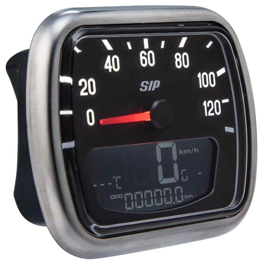 ■商品概要- 120 (km/h/mph)／12.000 (Umin/rpm)文字盤：ブラック、LCDブラックデジタル/アナログ、20 機能グレード1＊ - 一流の修理、非常に魅力的なアクセサリーとして■詳細説明2010年の導入以来、SIPスピードメーター/レブカウンターはヴィンテージスクーターのスピードメーター市場に革命をもたらしました。以前は追加のコックピット計器でのみ可能であった機能が、今では 1 つのユニットに統合されて楽しむことができるようになりました-そしてこれらすべてが最大限の控えめな表現で楽しめるようになりました！ これらの機能満載のコックピット計器は、一見するとOEPIAGGIO スピードメーターと同じです。そして今、ついに、多くのお客様の夢が 2 つで現実になりました。追加の種類が現在入手可能です。1 つは Vespa VNA/VNB モデル用で、もう 1 つは V30-VL の FaroBasso/ワイドフレームモデルに適したバージョンです。2 番目のタイプは、ACMA、Motovespa などによって製造されたものなど、多くのライセンス構築されたVespaモデルとも互換性があります。コンパクトな寸法にもかかわらず、内部的に完全に見直され、既存の SIP2.0スピードメーターよりも多くの機能が含まれています。直感的なギアインジケーターが最新のスピード/パワーテストアプリケーションとともに新しくなりました。この機能がなければ、現代の Vespa モデル用に製造された大型のスピードメーターにしかスペースがありませんでした。これらの機能には、停止状態から事前にプログラムされた速度まで加速するのにかかる時間や、一定の距離を移動するのにかかる時間を測定できるタイマーも含まれています。これにより、「6 秒で時速 0-100 キロ」などの値が可能になります。 「5.3 秒で 150 メートル」など確実に記録するには。これらのスピードメーターには 12V 電源が必要ですが、これらのヴィンテージ モデルでは、PX、Vespatronic、またはSIPパフォーマンス点火システムのいずれかを取り付けることで最適に実現されます。これが不可能な場合は、追加の取り外し可能な 12V バッテリーでも電力を供給できます。これを可能にするために、最小限の設定で事前にプログラムできるバッテリー充電レベルインジケーターも組み込まれています。充電値を表示し、バッテリーの再充電が必要であることをライダーに警告します。速度は、付属の電子回転センサーをフロントアクスルに取り付けることによって測定されます。スピードメーターハウジングの寸法が非常にコンパクトであるため、機械式スピードメーターケーブルを取り付けることはできません。回転カウンターや温度モニターなど、既存のSIPスピードメーターの実証済みの機能がすべて含まれており、過熱や熱焼き付けなどを回避するために長時間のツーリング中にモーター温度をチェックするのに特に効果的です。最新のこれらの新しいスピードメーターの機能には、排気ガス温度モニター (EGT、SIP5001EGTJ)が含まれており、追加のラムダセンサー (AF センサー、SIP 5001AFJO)を使用して混合燃料の濃さも表示できます。したがって、最終的には、Faro Basso、ワイドフレーム、ACMA、Motovespa、VNA/VNBなどの最も古いヴィンテージVespa モデルでも、最終的に表示できるようになります。情報：DC システムの回転信号は、SIP パフォーマンス イグニッションの白色入力ケーブルを使用するか、追加のフィルターモジュール(SIP KOBA0040) を使用して提供できます。VNA/VNB およびワイドフレーム モデル用の SIP スピードメーター/回転カウンター 2.0 の技術仕様の概要：アナログ回転カウンター最大値：12.000回転数デジタルレブカウンター最大値：12.000 rpm最高回転数の表示と記録アナログ回転数の最大値：120kph/mphデジタル回転数の最大値：199kph/mph最高速度の表示と記録温度表示最大値：250°C/482°F、温度センサーと固定具が付属最高温度総走行距離表示最大値：99，999 km またはマイル総走行距離プログラム可能、以前のスピードメーター走行距離表示を保持可能毎日の走行距離表示値：A+B 最大 9999、9 km/マイル走行期間値：A+B 最大 99.59 時間平均速度値：A+B 最大 199kmh または 140mph.5 段階の表示輝度レベルが可能SIP Fast-Flow 燃料タップ/電子燃料予備センサーと組み合わせた場合、燃料残量表示配線織機が 12V 電力を供給できない場合、外部バッテリーで操作可能直感的デジタルギア選択インジケータースピードテスト機能、0 - 60 mphなどパワーテスト機能、スプリントタイム計測排気温度/EGTセンサー取付可能(5001EGTJ)ラムダセンサー/AFセンサー取付可能(5001AFJO)デジタルスピードメーターケーブルのみで動作、付属品デジタルスピードメーターケーブルのみで動作、付属品燃料残量インジケーター付きの SIP ファスト フ...■注意点※取扱説明書が付属する場合は外国語となります。※輸入商材の為、納期が遅れる場合がございます。あらかじめご了承ください。※画像には他の商品が含まれている場合があります。※メーカー都合により商品の仕様変更がある場合がございます。ご了承ください。■適合車種125&ensp;125 年式: 51-53&ensp;&ensp;備考: 125cc type V30-33 engine 2T AC&ensp;125 年式: 52-54&ensp;&ensp;備考: 125cc type VM1-2T engine 2T AC&ensp;125 年式: 54-57&ensp;&ensp;備考: 125cc type VN1-2T engine 2T AC150 (T1／150) (D)&ensp;150 (T1／150) (D) 年式: 55&ensp;&ensp;備考: 150cc type VL1T engine 2T AC150&ensp;150 年式: 54-57&ensp;&ensp;備考: 150cc type VL1-3T engine 2T ACACMA 125&ensp;ACMA 125 年式: 51-59&ensp;&ensp;備考: 125cc engine 2T ACHoffmann C&ensp;Hoffmann C 年式: 54&ensp;&ensp;備考: 125cc type - engine 2T AC