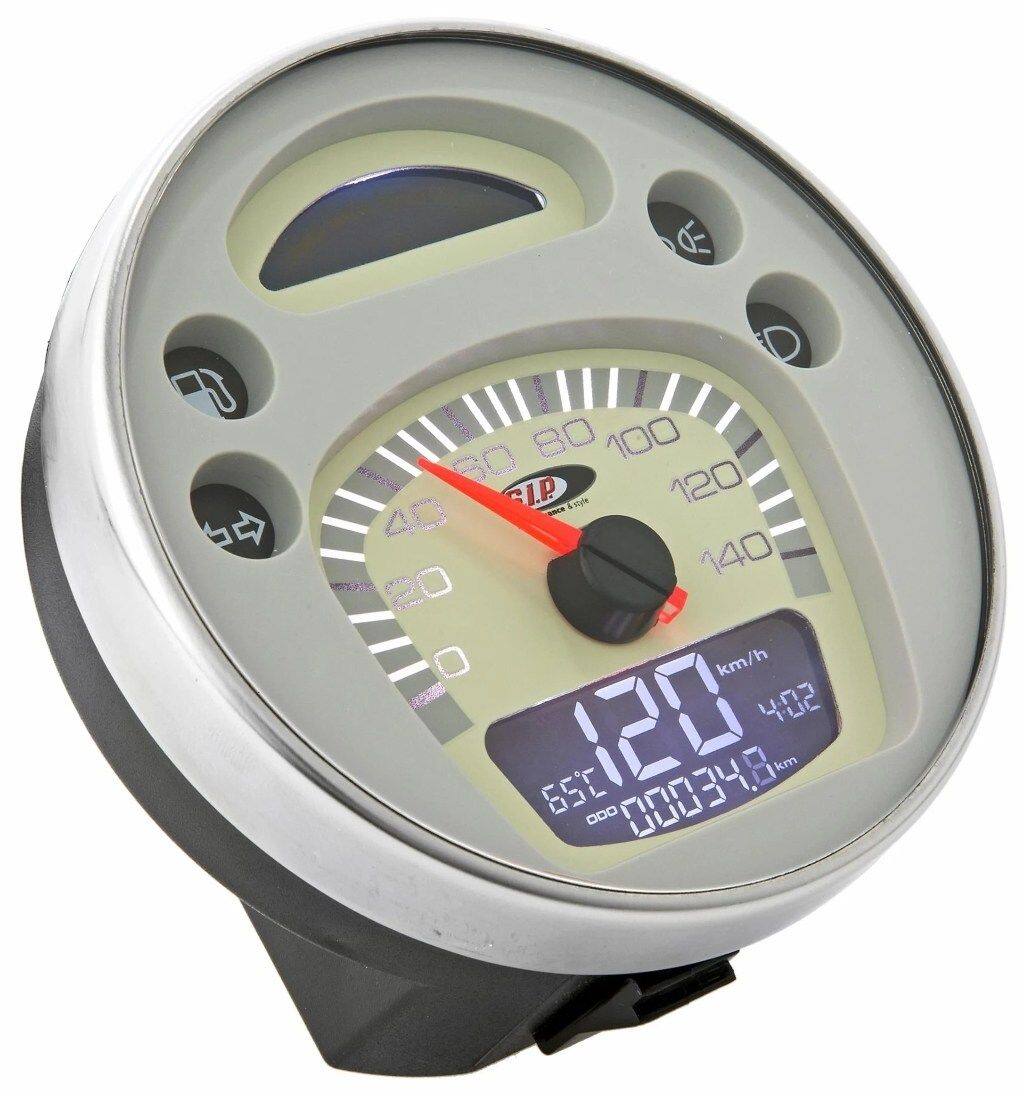 ■商品概要- 140 (km/h/mph)／14.000 (Umin/rpm)フェイス：ベージュブラックの数字リング：ステンレスデジタル/アナログ、24 機能チューニングエンジンおよびAAランク - 一流の修理用■詳細説明SIP Performance のスピードメーター/レブカウンター2.0は、クラシックなベスパおよびランブレッタモデル用の最新の計器クラスターです。SIP レブカウンターは、2010 年の発売以来、スピードメーター市場に革命をもたらしました。以前は多くの追加計器でのみ可能であった機能が、最大限の控えめな表現で 1 つのデバイスに統合されました。数年が経過し、数え切れないほどのお客様からのリクエストを経て、現在、KOSOと協力して、見る価値のあるアップデートを開発しました。スピードメーター/レブカウンターSIP 2.0。クラシックな外観に最新のテクノロジーを搭載汎用的に適用可能拡張機能とディスプレイさまざまなデザインが利用可能新しいデザインもオリジナルのスピードメーターに強く基づいています。エンジンが作動していない限り、追加機能はほとんど見えません。フェイスプレートは、フォントとkm/h表示の位置、および取り付け寸法に関してオリジナルとほぼ一致しています。取り付けは非常に簡単です。速度は、オリジナルのスピードメーター ケーブルまたは電子スピード センサーのいずれかを介して測定できます。これらのセンサーは交換部品として入手でき、メンテナンスが必要なスピードメーターケーブルを機械的負荷とともに置き換えることができます。スピードメーターには 12 ボルトのオンボード電圧が必要ですが、バッテリーは必要ありません。密閉されたブラック ボックスは、直流と交流の両方で動作します。すべてのデータは内部回路によって確実にバックアップされます。どの 12 V イグニッションがインストールされているかは関係ありません - Speedometer/Rev Counter2.0は、SIP-Vape、Vespatronic、Parmakit、Poliniなどのすべての一般的なイグニッションと互換性があります。VAPE による SIP PERFORMANCE Ignitionと組み合わせて、DCバージョンの回転カウンターをピックアップするために KOSO 信号フィルターを使用するか、 SIP RevCounterは、SIP/VAPE CDI の白いワイヤーに接続する必要があります。タコメーターの点火パルスは、DC の場合は「1」、AC の場合は「6」に設定する必要があります。表示の設定と変更は、目立たないように設置できる小さなプレス ボタンを使用してエレガントに行われます。統合されたプッシュ ボタンを備えた改良型ライト スイッチが多くの車両モデルで利用可能です。これにより、同梱のプレス ボタンと外観が不要になります。スクーターの外観は変わりません。ちょっとしたギミック：スタート時に回転カウンターがセルフテストを実行し、グランプリ気分を味わわせます ;-)2.0 モデルでは、アナログ速度または回転カウンター表示のどちらかを選択できるようになりました。したがって、スピードメーターの針は回転数または速度のいずれかを示します。長距離のツアーの場合、1 日の距離とツアーの距離を区別するために、乗車時間と平均速度を含む2つの個別の距離が表示されるようになりました。総距離も設定可能 - 古いスピードメーターで既に走行したキロメートルも引き継ぐことができます。リザーブインジケーター付きのSIP Fast Flowと合わせて、古いモデルでも燃料計の恩恵を受けることができます。燃料が少なくなると、FUELが点滅します。過電圧保護の強化も追加されました。車両モデルに応じて、異なるダイヤルカラーが用意されています。たとえば、VBBバージョンも利用可能です。ベージュ/ホワイト。日光により漂白されたオリジナルのスピードメーターに非常に近いです。カーボンの外観はスポーティな外観に最適です - モダンで印象的で、パフォーマンスセットアップに最適です。注：抑制されたスパークプラグと抑制されたプラグコネクタを使用することが不可欠です。熱の蓄積が故障につながる可能性があるため、ブラックボックスは狭いハンドルバーには取り付けないでください。アナログ速度表示(モデルによって異なります) 14.000 rpm最大14.000 rpmまでのデジタル速度表示 - 最大値記憶を含むアナログ速度の代替として、最大 140 km/h (または mph) のアナログ速度表示も利用可能になりました最大速度を含む、最大 199 km/h または 140 mph のデジタル速度シリンダーヘッドまたは冷却水用の最大 250。°C または 32-482。°F の温度ゲージスパークプラグ用の温度センサーが付属品に含まれています最高温度の保存時間表示 (V50 Φ。48。mm を除く)総距離 最大 99.999 km/マイル - 調整可能、たとえば古いスピードメーターの測定値を引き継ぐ2 つの個別の距離 (旅行 A と B) 最大 9.999.9 km/マイル...■注意点※取扱説明書が付属する場合は外国語となります。※輸入商材の為、納期が遅れる場合がございます。あらかじめご了承ください。※画像には他の商品が含まれている場合があります。※メーカー都合により商品の仕様変更がある場合がございます。ご了承ください。■適合車種Star 125 2T／DLX／Via Toscana／Deluxe&ensp;Star 125 2T／DLX／Via Toscana／Deluxe&ensp;&ensp;備考: 125cc engine 2T ACStar 125 4T Automatica／Deluxe／II CVT／Stella Automatic&ensp;Star 125 4T Automatica／Deluxe／II CVT／Stella Automatic&ensp;&ensp;備考: 125cc engine 4T ACStar 125 4T／Deluxe 125 4S／Speedy／Stella&ensp;Star 125 4T／Deluxe 125 4S／Speedy／Stella&ensp;&ensp;備考: 125cc engine 4T ACStar 150 2T／DLX／Via Toscana／Star／Stella／Belladonna RV&ensp;Star 150 2T／DLX／Via Toscana／Star／Stella／Belladonna RV&ensp;&ensp;備考: 150cc engine 2T ACStar 150 4T／Deluxe 150 4S／Speedy／Stella&ensp;Star 150 4T／Deluxe 150 4S／Speedy／Stella&ensp;&ensp;備考: 150cc engine 4T ACStar 200 4T／Deluxe 4S&ensp;Star 200 4T／Deluxe 4S 年式: 12&ensp;&ensp;備考: 200cc engine 4T ACStar Lite 125 4T Automatica／CVT&ensp;Star Lite 125 4T Automatica／CVT 年式: 15-&ensp;&ensp;備考: 125cc engine 4T AC