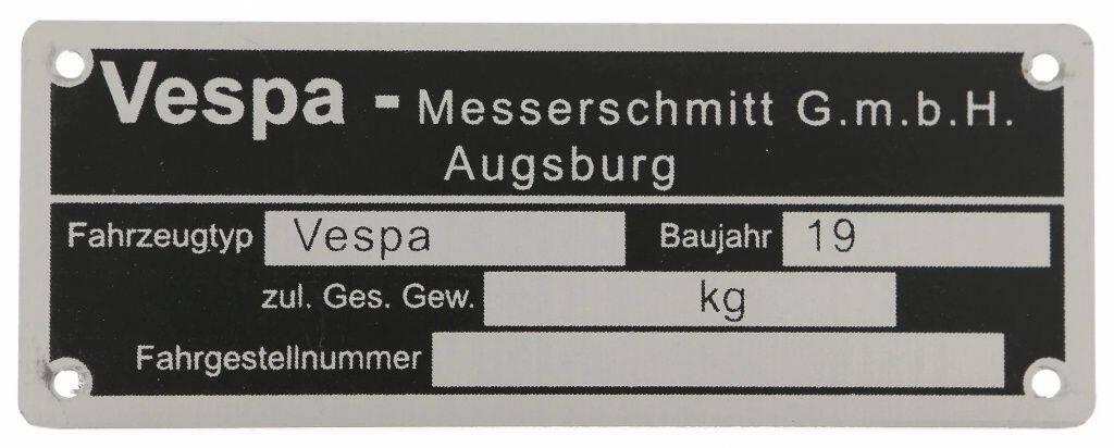 SIP Scootershop エスアイピー スクーターショップ  コーションプレート 'Vespa-Messerschmitt GmbH Augsburg' 150 T1／150 D T2／150 GS Vespa ベスパ エンブレム 外装