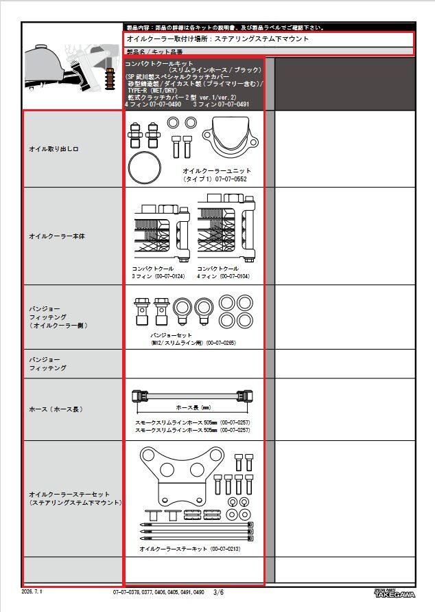 ■商品概要■対象クラッチカバー・SP武川製スペシャルクラッチカバー・砂型鋳造製 / ダイカスト製 ( プライマリー含む )/TYPE-R(WET/DRY)・SP武川製乾式クラッチカバー 2 型(ver.1/ver.2)旧品番：07-07-0405(バンジョー・バンジョーボルト・メッシュホースのカラー変更)対象クラッチカバーオイルフィルターオイルクーラー本体固定場所ステアリングステム下マウント■詳細説明冷却効果に優れたコンパクトクールを取り付ける事で、エンジンボアアップに伴う油温上昇を抑える事が出来ます。コンパクトクール本体は、オイルクーラープレート、ガードを標準装備。付属のオイルクーラーステーを使用し、ステアリングステム下マウントでオイルクーラー本体を固定します。クーラー本体は 3 フィン 4 オイルラインと、4 フィン 5 オイルラインの 2 種類からお選び頂けます。オイルクーラーへのオイル取り出しは、SP武川製対象クラッチカバーにあるオイルフィルター部に専用のユニットを装着する事で、オイルクーラーの取り出しが可能になります。■注意点※適応条件・SP武川製Φ 27 正立フロントフォーク装着車・SP武川製Φ 30 正立フロントフォーク装着車※オイル量は通常規定オイル量に60cc追加して下さい。※SP武川製Φ27フロントフォークキット又はΦ30フロントフォークキット装着車専用。(キット付属のステアリングステムにオイルクーラーステーを取付けます。)※SP武川製倒立フロントフォークキットには取付け出来ません。※スペシャルクラッチカバー(ダイカスト)に使用する場合、サーモスタットユニット及びオイルホールプラグの同時装着は出来ません。同時装着した場合、エンジンオイルが循環せず、重大なエンジントラブルになります。※メーカー都合により商品の仕様変更がある場合がございます。ご了承ください。■適合車種ゴリラ&ensp;ゴリラモンキー&ensp;モンキー&ensp;モンキー&ensp;&ensp;備考: FI