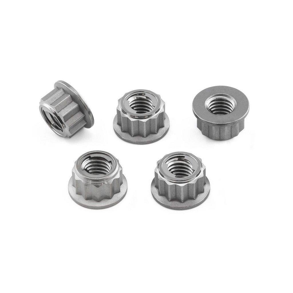 ■注意■この商品は下記となります。必ずご確認ください。カラー：ナチュラル チタン■他の商品はこちらですカラー：ブラックはこちら※リンク先に商品がない場合、すでに完売している商品となります。予めご了承ください。■商品概要素材：チタン製品タイプ：スプロケットねじピッチ：1.25mm重さ：25.64g入数：5穴あけ加工：なしねじ径：8.00mmフランジ径：16.00mm高さ：9.00mm■詳細説明チタン スプロケットナット 12角(バイヘックス) M8×1.25mm 5個入りパック。■注意点※メーカー都合により商品の仕様変更がある場合がございます。ご了承ください。■適合車種Brutale 800&ensp;Brutale 800 年式: 15-22Dragster 800RR&ensp;Dragster 800RR 年式: 15-22F4 1000&ensp;F4 1000 年式: 13-18