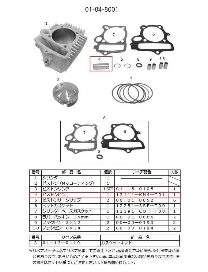 ■商品概要【画像内番号】4入数：1【旧品番】13111-KN4-T01対象商品品番：01-04-8001/01-04-1007/01-04-1012/01-04-1006/01-05-5081/01-05-5306/01-06-0030/01-05-0470/01-05-0477/01-05-2720/01-05-0315/01-06-0005■詳細説明SP武川社製ボアアップキット(モンキー／Ape)の補修用のピストンピン14×36.3です。■注意点※該当商品は画像赤枠内です。※ロットによっては、価格変更前の旧価格・旧JANコードでのラベルでお届けになる場合がございます。予めご了承ください。※メーカー都合により商品の仕様変更がある場合がございます。ご了承ください。