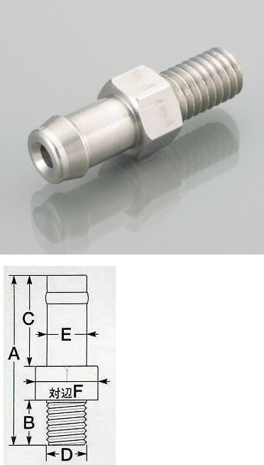 K-CON キタココンビニパーツ ニップル M6 P1．00／5mmホース用／サイズ： A 25mm B 10mm C 10mm D Φ6 E Φ6 F 8mm