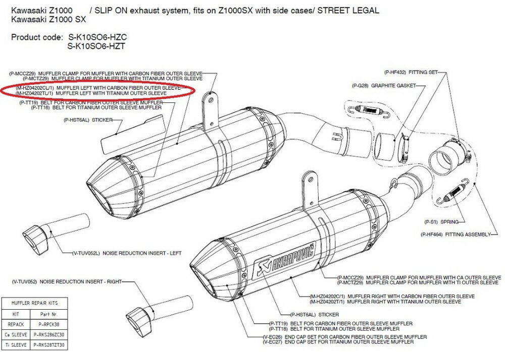 AKRAPOVIC アクラポビッチ 【リペアパーツ】M-HZ04202TL/1 muffler left with titanium outer sleeve NINJA1000 Z1000 Z1000SX KAWASAKI カワサキ 補修・汎用サイレンサー マフラー