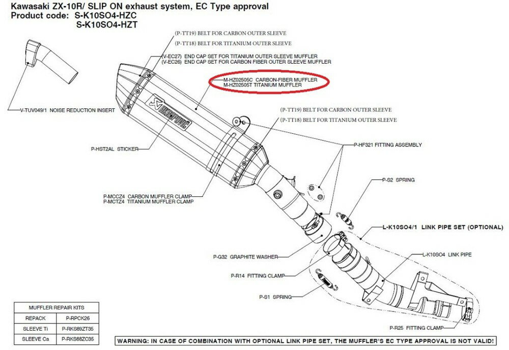 AKRAPOVIC アクラポビッチ 【リペアパーツ】M-HZ02505T titanium muffler ZX-10R KAWASAKI カワサキ 補修・汎用サイレンサー マフラー
