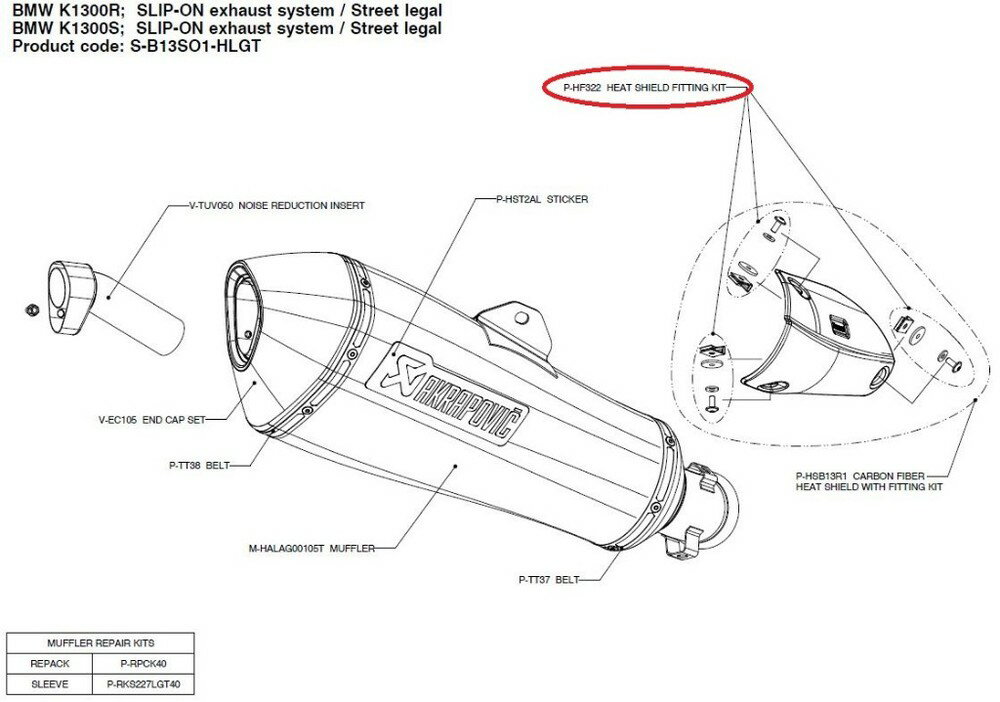 AKRAPOVIC アクラポビッチ 【リペアパーツ】P-HF322 heat shield fitting kit K1300R K1300S BMW その他マフラーオプション・補修部品 マフラー