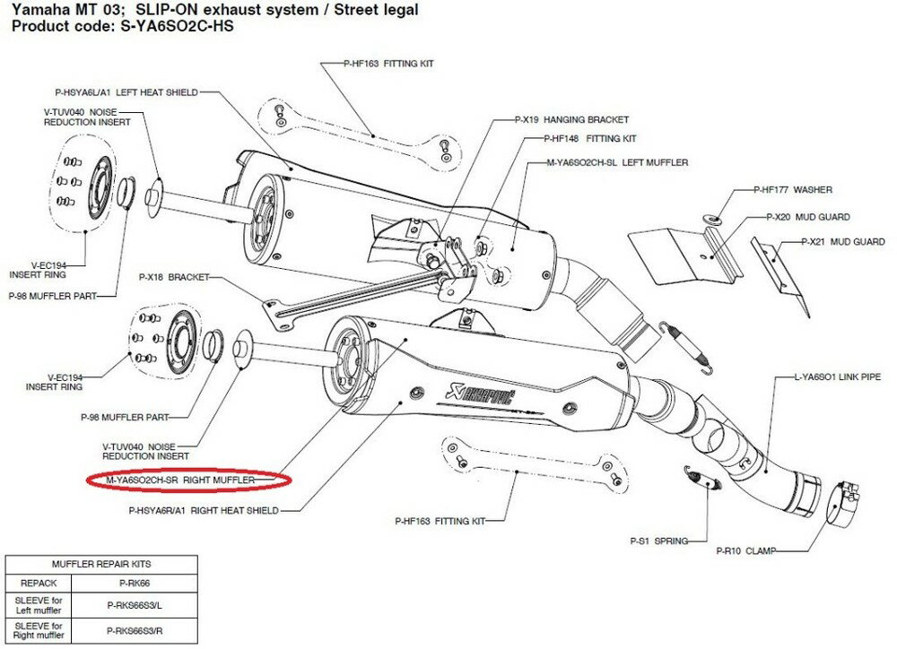 AKRAPOVIC アクラポビッチ 【リペアパーツ】M-YA6SO2CH-SR right muffler MT-03 660 YAMAHA ヤマハ 補修・汎用サイレンサー マフラー
