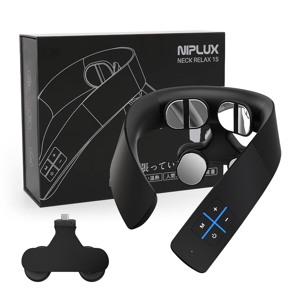 NIPLUX NECK RELAX 1S ブラック ネックケア 首 肩 リラクゼーション ネックリラックス コードレス 日本語音声ガイダンス 静音 軽量 暖か 6種類モード 黒●☆