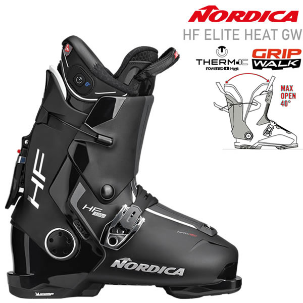 ブーツケース　サービス！ NORDICA ノルディカ スキーブーツ 日本正規品 HF ELITE HEAT GW (HF エリート ヒート GW) たった一つのバックルがあなたのスキーライフをよりシンプルに。 片足かストックでレバーを下げるだけで準備完了。 ブーツの脱ぎ履きが素早く簡単に行える、HF(ハンズフリー)システムを搭載したニューモデル。 従来のリアエントリーブーツといえば、インナーとシェルが一体構造の物が殆どでしたが、 HFシリーズは一般的なスキーブーツのようにインナーとシェルが分かれており、インナーの取外しが可能です。 それによりインナーがより足にフィットする事で、履き心地も良くなっています。 従来のリアエントリーブーツがさらに使いやすくなったHFシリーズは、まさに次世代のリアエントリーブーツです。 HF ELITE HEAT GW には、ヒートシステム搭載のTHRMIC製のヒートインナーが標準装備されています。 ブーツ内で足を暖かく保つことが可能で、朝から夕方まで一日中、快適にご使用可能です。 アプリをダウンロードしてスマートフォンから操作可能です。気温に合わせて3段階の温度設定を選択して下さい。 ・soles：Michelin Gripwalk soles ・last(mm)：102 ・flex：110 ・weight：1890g (26.5cm) ・liner type＆style：Bluetooth 3D Cork Fit Primaloft HEAT 　(THERMIC製のヒートライナーを搭載) ・technologies： 　Infrared 　Instep Volume Control (IVC) 　Double Axis Pivot 　Hands Free Step In & Out 　Monolock Buckle -HANDS FREE CLOSURE SYSTEM- 表面は光沢があり、見た目もよく、なめらかなデザイン。 モノロックバックルは今まで見たことがないほど直感的な製品です。 バックルを足で踏みつけるだけで準備完了。 ブーツを脱ぐときは、ポールを使い立ったままで脱ぐことが可能。 -DOUBLE AXIS PIVOT- 新しいHFのカフとシェルは、カフとシェルを独自の方法で締め付ける工夫（2つのヒンジ）がされています。 2つのヒンジにより、よりスキーへの素早いレスポンスが可能となり、 簡単にターンコントロールができ、ブーツとスキー操作の安定性も増します。 -PERFORMANCE LINER- コルクライナーを採用し最新のインナーブーツの形を保った、リアエントリー用インナーブーツを開発しました。 このライナーはマシーンシリーズのライナー構造を継承し、HF用にワンピースで構成されています。 ※今までのリアエントリーブーツはインナーが分かれていて、つなぎ目が皮膚にあたり、履き心地が不快でした。 -IVC (INSTEP VOLUME CONTROL)- 足の形に合わせて、ブーツ内のボリュームを変更可能。4mmウェッジでかさ増し可能。 -PREMOUNTED GRIPWALK SOLES- スキーとは、ただ斜面を滑降するだけはなく、時には雪上で動き回ったり、 雪の上を歩いたり、美味しいレストランを探したり、スキーを外しゴンドラに乗り込む、 もしくは駐車場からスキーリフトまで歩く、全てがスキーに含まれます。 そんな状況に対応できるよう、グリップ力に優れたグリップウォークソールを搭載しました。 -WATERPROOF SYSTEM- ウォータープルーフ構造により、濡れと冷えから足を守り、常に足を乾いた暖かい状態に保ちます。 ノルディカスキーブーツ,NORDICA,2024,23-24,グリップウォークソール,GRIPWALK,パウダー,ツアー,バックカントリー,テックビンディング対応ブーツ,スキー靴 【当社のスキーブーツは全て日本正規取扱い用品です。通販の場合でもメーカーの正規保証が受けられますのでご安心ください】 ●ブーツの交換について：ブーツのサイズが合わない場合、サイズ交換を承ります。商品の返送料はお客様負担となりますのでご了承ください。 ●こちらの商品は当店実店舗でも販売しております。 ご注文頂いたサイズによっては新品商品であっても化粧箱のご用意が出来ない場合が御座います。 この場合は当社梱包箱にて発送させて頂きますので、予めご了承下さいませ。 楽天市場内ランキングに掲載されました。 楽天市場内ランキングに掲載されました。 楽天市場内ランキングに掲載されました。