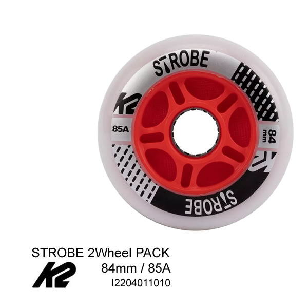 楽天市場内ランキングに掲載されました。 K2 インラインスケート用 スペアウィール 日本正規品 STROBE 2-WHEEL PACK 84mm-85A (I2204011010) ウィールサイズ径84mm、硬度85A 仕様の、K2のインライン用スペアウィールです。 一般的な大人用インラインスケートに使用されるウィールです。 STROBE WHEELSはその名の通りLEDを搭載しており、ウィールが回転すると赤く発光します。 暗いところでも自身の居場所を周囲に伝えることができます。※電池不要です。 ・ブランド：K2(ケーツー) ・モデル：STROBE 2-WHEEL PACK ・ウィールサイズ：径84mm、硬度85A、幅24mm ・マグネットスペーサー(LEDの発光に必要なスぺーサー) x 2個付属 ※当商品は2輪1セットでの販売です。(ご注文数量1個で、ウィール2輪と磁気スペーサー2個になります。) ※インラインスケートのフレームの取付可能最大ウィールサイズを必ずご確認下さい。 ※ベアリングは付属しません。別途ご購入頂くか、既存のベアリングをご使用下さい。 ・商品のご購入をお考えの方へご注意・ ウィールを固定するアクセルシャフトの外径が8mm以外のタイプはご使用になれません。お使用をお考えのインラインスケートで使用しているシャフトの外径が6mmの場合は、外径8mm対応のスペーサーが別途必要です。 (当店ではスペーサーの取扱いはございません。ご了承下さい。) ◆K2インラインパーツをお探しの方は下記からどうぞ◆ K2ショートシャフトはこちら K2ブレーキゴムはこちら インラインスケート　インライン　スケート　K2　ケーツー　ローラーブレード　ローラースケート