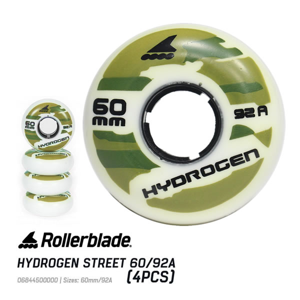 ローラーブレード インライン 日本正規品 ※即出荷可能です。 ROLLERBLADE(ローラーブレード) インライン用 スペアウィール HYDROGEN STREET 60mm 92A 4pcs (06844500000) ウィールサイズ径600mm、硬度92Aの、ローラーブレードのインライン用スペアウィール。 インラインスケートの中でも、主にアグレッシブ(フリースタイル)タイプに採用されているウィールサイズです。 インラインパーツは、統一規格ですので、ローラーブレード以外のメーカーにも対応します。 ※こちらの商品は新品ですが、多少の色ムラや黄ばみのような色染みがあります。不良品ではございませんので予めご了承下さい。 ・ブランド：ROLLERBLADE(ローラーブレード) ・モデル：HYDROGEN STREET 60mm-92A ・カラー：ホワイト×カモ ・ウィールサイズ：径60mm、硬度92A、幅24mm ・4輪1セット(4輪仕様インライン片足分) ※こちらの商品は4輪仕様のインラインスケート片足分です。8輪ご必要な方は数量2個でご注文下さい。 ※インラインスケートのフレームの取付可能最大ウィールサイズを必ずご確認下さい。 ※ベアリングは付属しません。別途ご購入頂くか、既存のベアリングをご使用下さい。 ◆ローラーブレード対応のインライン用品をお探しの方は下記からどうぞ◆ インライン メンテナンス用ツールはこちら ローラーブレード対応 ブレーキゴムはこちら インライン用 スペアウィール＆ベアリング等はこちら インラインスケート　インライン　スケート　ROLLERBLADE　ローラーブレード ローラーブレイド　ローラースケート「インライン　スペアウィール」はこちらから↓↓↓インライン　スペアウィール 楽天市場内ランキングに掲載されました。