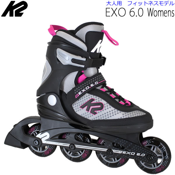 K2インライン 即出荷可能 K2 レディース インライン EXO 6.0 Womens 女性用 日本正規品 保証書有り EXO 6.0 Womens は、軽量で衝撃吸収の良いプラスチック素材のコンポジットフレームを採用。 インラインスケート始めてみたいエントリーユーザーにオススメのインラインスケートです。 お子様と一緒にインラインを楽しむ為に、とりあえず1足用意したい パパやママにも良く選べれているモデルです。 ・カフ：Stability Plus スタビリティ プラス カフは、フィットネススケートの安定性コントロール性の向上を叶えます。 人体工学的にメンズ専門設計、ウーマン専門設計されており足首にしっかりフィットするので、 バランス性の向上サポート力強化を実現します。 ・フレーム：FBI (プラスチック素材) 均衡のれた設計で、機動性・操作性・安定性に優れているコンポジットフレーム。 踵部分フ一体成型のフレームでフィット感スケート時の振動を吸収し加重を軽減します。 またしなやかで操作性が易しくスケートの上達にも向いています。 ・クロージング：ラチェットバックル、ベルクロバンド、レース ・ベアリング：ABEC 5 ・ウィール：80mm-80a (取付可能最大ウィールサイズ：80mm) ※ブレーキは片足(右足)にしか付属しておりません。 ※ブレーキパーツを外して使用する際に必要な交換用ショートシャフトは付属しております。 ◆K2インラインパーツをお探しの方は下記からどうぞ◆ K2ブレーキゴムはこちら インラインスケート　インライン　スケート　ROLLERBLADE　ローラーブレード ローラーブレイド　ローラースケート 「インライン　スペアウィール」はこちらから↓↓↓インライン　スペアウィール 楽天市場内ランキングに掲載されました。 楽天市場内ランキングに掲載されました。 楽天市場内ランキングに掲載されました。