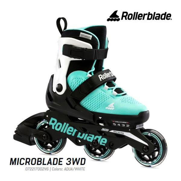 ※即出荷可能です。 ROLLERBLADE ローラーブレード インラインスケート 日本正規品 MICROBLADE 3WD (マイクロブレード 3WD) ジュニア・キッズ・子供用 工具レスでサイズアジャストできる子供用インラインスケート。 お子様の足に合わせて簡単にサイズ調整が行えるアジャスタブル式を採用。インライン側面に付いているアジャストボタンを押しながら、インライン先端をスライドさせると、1～3cmの間でサイズ調節が簡単に行える、ワンタッチタイプのサイズ調整式です。 ※サイズは、17.5-20.5cm、21.0-23.0cm、23.0-26.0cm の3サイズあります。 ※21.0-23.0cmのみ、サイズ調整幅は 2cm になります。 成長期のお子さまや兄弟兼用で使うなど、用途は自由です。 高性能なローラーブレードの滑りをお子様の成長と共に楽しんで下さい。 MICROBLADE 3WDは、フィット感と通気性のために設計されたメッシュボディが快適な履き心地を提供し、子供達にも高い安定性・バランス・コントロールに対応するように設計されたフレームを採用。標準で搭載しているウィールが 3×80mm-82a の3輪仕様(3WD) です。滑走性能はそのままに、より軽量になっています。 ※3WDフレームは、3輪と4輪のどちらの仕様にも対応するマルチなフレームです。ただ、3輪仕様と4輪仕様では取付け可能なウィールサイズが異なります。下記の商品詳細をご確認下さい。 ・ライナー：Performance Junior Adjustable ・クローザー：45angle Velcro Strap、Cuff Buckle、Laces ・フレーム：Monocoque Lo-Bal Conposite (プラスチック素材) 　MICROBLADE 3WD で採用しているフレームは、3輪仕様と4輪仕様のどちらでもご使用可能です。 　※4輪でご使用の場合は、下記サイズのウィールを別途ご用意下さい。 　※4輪分のウィールを固定するシャフトは本体に付属しております。 ・ウィール：80mm-82A×3 (標準搭載サイズ) 　※3輪仕様と4輪仕様でご使用可能な最大ウィールサイズが異なります。 　(3輪の場合：MAX 80mm×3、4輪の場合：MAX 72mm×4) ・ベアリング：SG3 ・ブレーキ付 (※片足のみ) ※おもちゃ等のインラインではブレーキが両足付いている商品もありますが、こちらの商品にはブレーキは片足にしか付いておりません。 また、ブレーキを外して使用する場合に必要なショートシャフトは商品に付属しております。 ・サイズ選びのポイント・ ご使用される方の足のサイズ(実測値)から、1～1.5cm大きいサイズをお選び下さい。一般的にスニーカーなどで選ぶような、指先や足幅に少し余裕あるサイズをお勧め致します。子供用などで採用しているサイズアジャスト式の場合は、一番小さくサイズ設定をした状態で、上記の目安のサイズでご使用可能な場合が一番望ましいですが、お子様の足の大きさによっては、一番小さいサイズ設定の状態で履いて頂ける商品が無い場合もございます。 ※サイズ選びはあくまでも目安ですので、サイズが合わない場合もございます。 商品をお受取り後、未使用(室内での試履き可)であれば、サイズ交換や返品をお受け致します。 お客様のご都合によるサイズ交換や返品の場合、商品のご返送料はお客様のご負担となります。 予めご了承下さい。 ◆ローラーブレード対応のインライン用品をお探しの方は下記からどうぞ◆ インライン メンテナンス用ツールはこちら ローラーブレード対応 ブレーキゴムはこちら インラインスケート　ROLLERBLADE　ローラーブレード ローラーブレイド　ローラースケート　子供用　こども　ジュニア　少年　少女　男の子　女の子 楽天市場内ランキングに掲載されました。