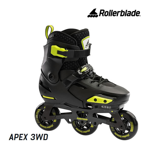 ※即出荷可能です。 ROLLERBLADE ローラーブレード インラインスケート 日本正規品 APEX 3WD (エーペックス) (072214001A) ジュニア・キッズ・子供用 工具レスでサイズアジャストできる子供用インラインスケート。 APEX 3WD は、素早いパワー伝達が可能なハードシェルを採用し、お子様のレベルをさらに引き上げることができる高性能のフリースケートモデルです。 -安定性・バランス・コントロールに対応するように設計された3＆4WDアルミフレームを採用- 3＆4WDフレームは、3輪と4輪のどちらの仕様にも対応するマルチなフレームです。※3輪仕様と4輪仕様では取付け可能なウィールサイズが異なります。(商品詳細参照) -しっかりしたクロージングで滑りをサポート- 本体の締め付けはレース(紐)タイプです。(紐が結べない子供達にはパパ・ママが締め付けてあげて下さい。レースを締め付けた後、足首部分とすね部分をラチェットバックルでしっかり固定するだけで完了。 -子供向けに最適なサイズアジャスト式を採用- お子様の足に合わせて簡単にサイズ調整が行えるアジャスタブル式を採用。インライン側面に付いているアジャストボタンを押しながらインライン先端をスライドさせると、最大2cmのサイズ調節が簡単に行えるワンタッチアジャストタイプです。 ※サイズは、18.5-20.5cm、21.0-23.0cm、23.5-25.5cm の3サイズです。 成長期のお子さまや兄弟兼用で使うなど、用途は自由です。高性能なローラーブレードの滑りをお子様の成長と共に楽しんで下さい。 ・シェル＆アッパー：Apex、molded、vented、4-size adjustable、lateral slider ・ライナー：remium Junior、welded sole, extra padding、adjustable ・クローザー：Locking cuff buckle、micro adj 45° buckle、laces ・フレーム：Extruded Alu (アルミニウム素材) 　207mm (max 3x76mm / 4x68mm) / 18.5-20.5cm 　219mm (max 3x80mm / 4x72mm) / 21.0-23.0cm 　231mm (max 3x84mm / 4x76mm) / 23.5-25.5cm ・ウィール：3x76mm(18.5-20.5cm)、3x80mm(21.0-23.0cm)、3x84mm(23.5-25.5cm) ※4輪仕様でご使用の場合は下記の装着可能サイズのウィールを別途ご用意下さい。 　4x68mm(18.5-20.5cm)、4x72mm(21.0-23.0cm)、4x76mm(23.5-25.5cm) ・ベアリング：SG7 ・ブレーキ付 (※後付けです。) ※おもちゃ等のインラインではブレーキが両足付いている商品もありますが、こちらの商品にはブレーキパーツは片足分しか付いておりません。 お届け時はブレーキパーツが本体に取付けておりませんので、ご使用される方のみご自身でお取付け下さい。取付けに必要なパーツ・工具は付属しております。 ・サイズ選びのポイント・ ご使用される方の足のサイズ(実測値)から、1～1.5cm大きいサイズをお選び下さい。 一般的にスニーカーなどで選ぶような、指先や足幅に少し余裕あるサイズをお勧め致します。 子供用などで採用しているサイズアジャスト式の場合は、一番小さくサイズ設定をした状態で、 上記の目安のサイズでご使用可能な場合が一番望ましいですが、お子様の足の大きさによっては、 一番小さいサイズ設定の状態で履いて頂ける商品が無い場合もございます。 ※サイズ選びはあくまでも目安ですので、サイズが合わない場合もございます。 商品をお受取り後、未使用(室内での試履き可)であれば、サイズ交換や返品をお受け致します。 お客様のご都合によるサイズ交換や返品の場合、商品のご返送料はお客様のご負担となります。 予めご了承下さい。 ◆ローラーブレード対応のインライン用品をお探しの方は下記からどうぞ◆ インライン メンテナンス用ツールはこちら ローラーブレード対応 ブレーキゴムはこちら インラインスケート　ROLLERBLADE　ローラーブレード ローラーブレイド　ローラースケート　子供用　こども　ジュニア　少年　少女　男の子　女の子 楽天市場内ランキングに掲載されました。