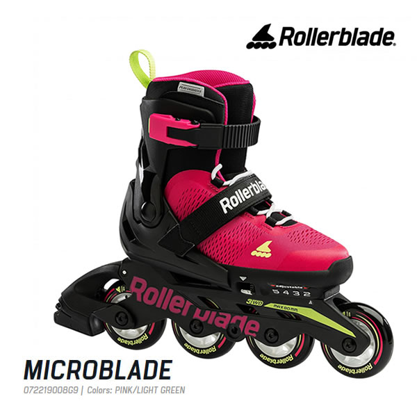 ※即出荷可能です。 ROLLERBLADE ローラーブレード インライン 日本正規品 MICROBLADE (マイクロブレード) ジュニア・キッズ・子供用 工具レスでサイズアジャストできる子供用インラインスケート。 子供向けに最適なサイズアジャスト式のインラインスケート。 締め付けはレース(紐)タイプです。紐が結べない子供達にはパパ・ママが締め付けてあげて下さい。 レースを締め付けた後はベルクロベルトとラチェットバックルでしっかり固定するだけで完了。 MICROBLADE は、フィット感と通気性のために設計されたメッシュボディが快適な履き心地を提供し、 子供達にも高い安定性・バランス・コントロールに対応するように設計されたフレームを採用。 ウィールの標準仕様サイズは、4x72mm-80aですが、こちらのモデルは 3WD(3輪仕様) でもご使用も可能です。 簡単にアップグレードが可能なスケートに仕上がっています。 ※3WDフレームは、3輪と4輪のどちらの仕様にも対応するマルチなフレームです。 　ただ、3輪仕様と4輪仕様では取付け可能なウィールサイズが異なります。下記の商品詳細をご確認下さい。 お子様の足に合わせて簡単にサイズ調整が行えるアジャスタブル式を採用。 インライン側面に付いているアジャストボタンを押しながら、インライン先端をスライドさせると、 1～3cmの間でサイズ調節が簡単に行える、ワンタッチタイプのサイズ調整式です。 ※サイズは、17.5-20.5cm、21.0-23.0cm、23.0-26.0cm の3サイズあります。 ※21.0-23.0cmのみ、サイズ調整幅は 2cm になります。 成長期のお子さまや兄弟兼用で使うなど、用途は自由です。 高性能なローラーブレードの滑りをお子様の成長と共に楽しんで下さい。 ・ライナー：Performance Junior Liner ・クローザー：45angle Velcro Strap、Cuff Buckle、laces ・フレーム：Monocoque Lo-Bal Conposite (プラスチック素材) 　MICROBLADE で採用しているフレームは、3輪仕様・4輪仕様のどちらでもご使用可能です。 　※3輪でご使用の場合は、下記のウィールサイズが取付け可能です。 ・ウィール：72mm-80A×4 (標準搭載サイズ) 　※3輪仕様と4輪仕様でご使用可能な最大ウィールサイズが異なります。 　(3輪の場合：MAX 80mm×3、4輪の場合：MAX 72mm×4) ・ベアリング：SG3 ・ブレーキ付 (※片足のみ) ※おもちゃ等のインラインではブレーキが両足付いている商品もありますが、こちらの商品にはブレーキは片足にしか付いておりません。 また、ブレーキを外して使用する場合に必要なショートシャフトは商品に付属しております。 ・サイズ選びのポイント・ ご使用される方の足のサイズ(実測値)から、1～1.5cm大きいサイズをお選び下さい。 一般的にスニーカーなどで選ぶような、指先や足幅に少し余裕あるサイズをお勧め致します。 子供用などで採用しているサイズアジャスト式の場合は、一番小さくサイズ設定をした状態で、 上記の目安のサイズでご使用可能な場合が一番望ましいですが、お子様の足の大きさによっては、 一番小さいサイズ設定の状態で履いて頂ける商品が無い場合もございます。 ※サイズ選びはあくまでも目安ですので、サイズが合わない場合もございます。 商品をお受取り後、未使用(室内での試履き可)であれば、サイズ交換や返品をお受け致します。 お客様のご都合によるサイズ交換や返品の場合、商品のご返送料はお客様のご負担となります。 予めご了承下さい。 ◆ローラーブレード対応のインライン用品をお探しの方は下記からどうぞ◆ インライン メンテナンス用ツールはこちら ローラーブレード対応 ブレーキゴムはこちら インラインスケート　ROLLERBLADE　ローラーブレード ローラーブレイド　ローラースケート　子供用　こども　ジュニア　少年　少女　男の子　女の子 楽天市場内ランキングに掲載されました。