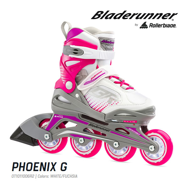 ※即出荷可能です。 BladeRunner by ROLLERBLADE インライン 日本正規品 ブレードランナーは、ローラーブレード社プロデュースのインラインスケートブランドです。 ローラーブレードで磨き抜かれた品質とコストパフォーマンスの良い商品を開発し、ローラーブレードのセカンドブランドとして販売されております。 PHOENIX (フェニックス) ジュニア・キッズ・子供用 工具レスでサイズアジャストできる子供用インラインスケート。 子供向けに最適なサイズアジャスト式のインラインスケート。 締め付けはレース(紐)タイプです。紐が結べない子供達にはパパ・ママが締め付けてあげて下さい。 レースを締め付けた後はベルクロベルトとラチェットバックルでしっかり固定するだけで完了。 PHOENIXは、フィット感の良い快適な履き心地を提供し、 子供達にも高い安定性・バランス・コントロールに対応するように設計されたフレームを採用。 エントリーモデルとして一足用意するには最適なモデルです。 お子様の足に合わせて簡単にサイズ調整が行えるアジャスタブル式を採用。 インライン側面に付いているアジャストボタンを押しながら、インライン先端をスライドさせると、 ワンタッチでサイズ調節が行えるアジャスタブルタイプです。 ※サイズは、18.5-21.0cm、21.0-24.0cm、23.0-26.0cm の3サイズ。 ※サイズによって調整幅が異なります。 成長期のお子さまや兄弟兼用で使うなど、用途は自由です。 高性能なローラーブレードの滑りをお子様の成長と共に楽しんで下さい。 ・ライナー：Padded、adjustable sizing ・クローザー：45angle Velcro Strap、Locking Cuff Buckle、Laces ・フレーム：Monocoque Composite (プラスチック素材) ・ウィール：72mm-80A×4 (取付可能最大ウィールサイズ 76mm) ・ベアリング：ABEC 3 ・ブレーキ付 (※片足のみ) ※おもちゃ等のインラインではブレーキが両足付いている商品もありますが、こちらの商品にはブレーキは片足にしか付いておりません。 ※ブレーキを外して使用する場合に必要なショートシャフトは商品に付属しておりません。 ご使用される方の足のサイズ(実測値)から、1～1.5cm大きいサイズをお選び下さい。 一般的にスニーカーなどで選ぶような、指先や足幅に少し余裕あるサイズをお勧め致します。 子供用などで採用しているサイズアジャスト式の場合は、一番小さくサイズ設定をした状態で、 上記の目安のサイズでご使用可能な場合が一番望ましいですが、お子様の足の大きさによっては、 一番小さいサイズ設定の状態で履いて頂ける商品が無い場合もございます。 ※サイズ選びはあくまでも目安ですので、サイズが合わない場合もございます。 商品をお受取り後、未使用(室内での試履き可)であれば、サイズ交換や返品をお受け致します。 お客様のご都合によるサイズ交換や返品の場合、商品のご返送料はお客様のご負担となります。 予めご了承下さい。 インラインスケート　ROLLERBLADE　ローラーブレード ローラーブレイド　ローラースケート　子供用　こども　ジュニア　少年　少女　男の子　女の子 楽天市場内ランキングに掲載されました。