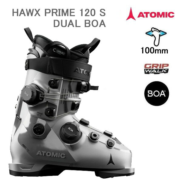 アトミック スキーブーツ 日本正規品 HAWX PRIME 120 S DUAL BOA AE5033880 Silver/Black デュアルBOAシステムと簡単なステップインを採用し、ミッドボリューム設計で強力なオールマウンテン性能を発揮。 精密なフィット感と快適性を提供します。 重量(g) / ブーツ(サイズ) : 1,936 / 26-26.5 高性能、カスタマイズ性、快適性を求めるスキーヤーに最適なAtomic Hawx Prime 120 S Dual BOAブーツは、 130モデ​​ルよりわずかに柔らかい120フレックスのパワフルな性能を備えています。 汎用性の高いミッドボリュームの100mmラストにより、ぴったりと快適なオールマウンテンスキーブーツとなっています。 Prolite構造で設計されたこの軽量ブーツは、キーゾーンを補強してスキーにパワーを伝達し、足を包み込みます。 Dual BOAフィットシステムは、微調整可能なダイヤルで脚と足を所定の位置に保持します。 カスタマイズされたフィット感のために、レスポンスの良いMimic Platinumライナーは、 高度なMimicフィッティングプロセスにより、足の正確な形状に合わせて熱成形できます。 Memory Fitにより、シェルとカフを完全にカスタマイズできます。 調整可能なAdaptive Fit System (AFS)カフは、取り外し可能なスポイラーでボリュームを追加することで、 さまざまなふくらはぎの形状に対応します。 Power Shift 2.0シムシステムで、このブーツの前傾とフレックスを調整します。 100mmラスト：ミディアム幅 / MV メモリーフィット 高度な熱成形技術により、プラスチック製のカフとシェルが脚と足の形に合わせて成形されます。 アトミック スキーブーツ ATOMIC アトミック アトミックブーツ スキーブーツ boa オールマウンテン グリップウォーク Gripwalk 爆買 ATOMIC アトミック 1955年創業のアトミックは、世界屈指のウィンタースポーツギアを製造しています。 初めてターンするビギナーから限界に挑戦するトップクラスのアスリートまで、アトミックの製品は65年以上にわたり、 あらゆるレベルのスキーヤーのエクスペリエンスを高めています。 【当社のスキー板は全て日本正規取扱い用品です。通販の場合でもメーカーの正規保証が受けられますのでご安心ください。】 ●ブーツの交換について：ブーツのサイズが合わない場合、サイズ交換を承ります。 ※商品の返送料はお客様負担となりますのでご了承ください。 ●こちらの商品は当店実店舗でも販売しております。 ご注文頂いたサイズによっては新品商品であっても化粧箱のご用意が出来ない場合が御座います。 この場合は当社梱包箱にて発送させて頂きますので、予めご了承下さいませ。 　メーカー希望小売価格はメーカーカタログに基づいて掲載しています