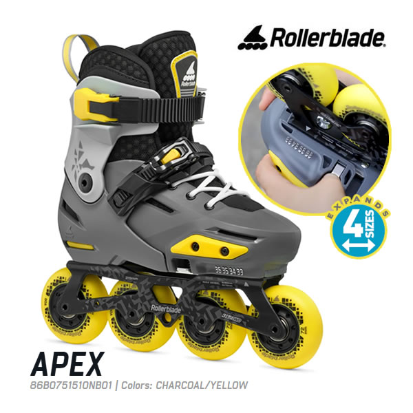 楽天市場内ランキングに掲載されました。 楽天市場内ランキングに掲載されました。 ROLLERBLADE ローラーブレード インラインスケート 日本正規品 APEX (エーペックス) ジュニア・キッズ・子供用 工具レスでサイズアジャストできる子供用インラインスケート。 APEXは、素早いパワー伝達が可能なハードシェルを採用し、お子様のレベルをさらに引き上げることができる高性能のフリースケートモデルです。 -安定性・バランス・コントロールに対応するように設計された4WDアルミフレームを採用- ※APEXはAPEX 3WDと異なるフレームの為、3輪仕様で使用することはできません。 -しっかりしたクロージングで滑りをサポート- 本体の締め付けはレース(紐)タイプです。(紐が結べない子供達にはパパ・ママが締め付けてあげて下さい。レースを締め付けた後、足首部分とすね部分をラチェットバックルでしっかり固定するだけで完了。 -子供向けに最適なサイズアジャスト式を採用- お子様の足に合わせて簡単にサイズ調整が行えるアジャスタブル式を採用。インライン側面に付いているアジャストボタンを押しながらインライン先端をスライドさせると、最大2cmのサイズ調節が簡単に行えるワンタッチアジャストタイプです。 ※サイズは、18.5-20.5cm、21.0-23.0cm、23.5-25.5cm の3サイズです。 成長期のお子さまや兄弟兼用で使うなど、用途は自由です。高性能なローラーブレードの滑りをお子様の成長と共に楽しんで下さい。 ・シェル＆アッパー：Apex、molded、vented、4-size adjustable、lateral slider ・ライナー：Premium Junior、welded sole, extra padding、adjustable ・クローザー：Locking cuff buckle、micro adj 45° buckle、laces ・フレーム：Extruded Alu (アルミニウム素材) 　207mm(18.5-20.5cm) 　219mm(21.0-23.0cm) 　231mm(23.5-25.5cm) ・ウィール：Rollerblade Wheels 80A 　4x68mm(18.5-20.5cm) 　4x72mm(21.0-23.0cm) 　4x76mm(23.5-25.5cm) ・ベアリング：SG7 ・ブレーキ付 　※おもちゃ等のインラインスケートではブレーキが両足付いている商品もありますが、こちらの商品にはブレーキは片足分しか付属しておりません。また、お届け時はスケート本体にブレーキが取付けてられておりませんので、ご必要な場合はご自身でお取付け下さい。取付けに必要なパーツ・工具も商品に付属しております。 ---------------------------------------------------------------------------------------- ・サイズ選びのポイント・ ご使用される方の足のサイズ(実測値)から、1～1.5cm大きいサイズをお選び下さい。一般的なスニーカーなどで選ぶような、指先や足幅に少し余裕あるサイズをお勧め致します。子供用などで採用しているサイズアジャスト式の場合は、サイズ設定を一番小さくした状態で、指先や足幅に少し余裕あるサイズでご使用可能な場合が一番望ましいですが、お子様の足の大きさによっては、一番小さいサイズ設定の状態で履いて頂ける商品が無い場合もございます。 ※サイズ選びはあくまでも目安ですので、サイズが合わない場合もございます。 商品をお受取り後、未使用(室内での試履き可)であれば、サイズ交換や返品をお受け致します。 お客様のご都合によるサイズ交換や返品の場合、商品のご返送料はお客様のご負担となります。 予めご了承下さい。 ◆ローラーブレード対応のインライン用品をお探しの方は下記からどうぞ◆ インライン メンテナンス用ツールはこちら ローラーブレード対応 ブレーキゴムはこちら インラインスケート　ROLLERBLADE　ローラーブレード ローラーブレイド　ローラースケート　子供用　こども　ジュニア　少年　少女　男の子　女の子 　