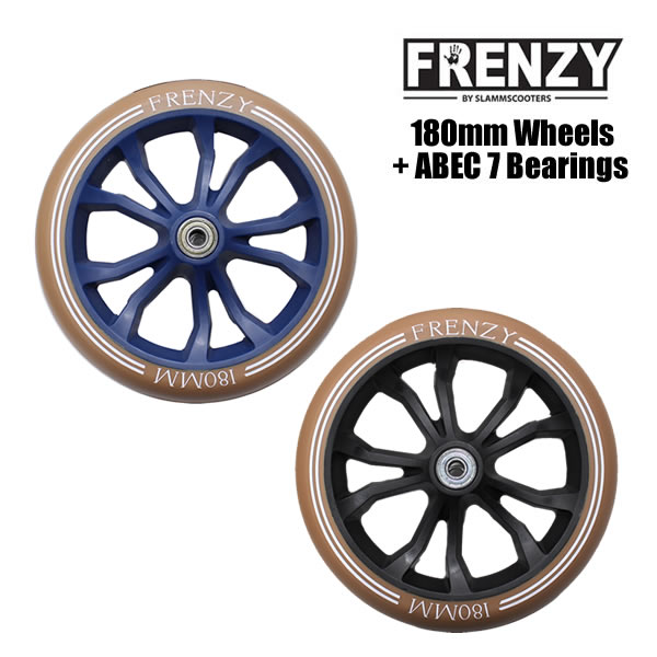 ※即出荷可能です。 FRENZY(フレンジー)は、イギリスメーカー Stateside Skates が販売しているキックスクーター・キックボードのブランドです。 180mm Wheels キックボード用のスペアウィールです。ABEC 7 ベアリングも付いています。 ※ご注文数量1個で1輪になります。 ・ホイール径：180mm ・カラー：ブラウン×ブラック、ブラウン×ネイビー ・ウレタン部分の幅：約29mm ・ホイール中心部分の幅：約38mm ・ベアリング：ABEC 7 ※ご購入をお考えのお客様へ※ ホイール中央部分より、キックボード本体のウィール取付け部分の幅が狭い場合は取付け出来ません。ご注文前にお手元のキックボードをご確認下さい。 キックボード 子供,キックボード 大人用,キックボード,キックスケーター,キックスクーター 子供,キックスクーター 大人用, 「キックボード　スペアウィール」はこちらから↓↓↓キックボード　スペアウィール「FRENZY キャリーバッグ」その他のアイテムはこちらから↓↓↓FRENZY キャリーバッグ