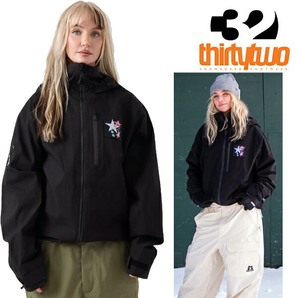 スノーボードウェア・ウエア THIRTYTWO 26-27モデル。 太めゆったりシルエットが特徴の32ウェア。ダボっとシルエット好きの方がサイズアップして着るのがおすすめのブランド。 JIB PANTと合わせるのが最適です。 Jib Gurlは、スノーボードの上ではもちろん、普段使いでもスタイリッシュな着こなしで知られています。 彼女は、女性スノーボード界屈指のパークライディングを、ファッション、ストリートウェア、ポップカルチャーのエッセンスと 融合させた、オンラインリール動画を自ら撮影・編集しています。私たちは、そんな彼女の楽しさをすべて詰め込み、 10K 2.5レイヤーのフューズドファブリックを使用した、彼女のシグネチャーアイテムであるJib Jacketを制作しました。 薄手で超軽量、でも耐久性・防水性は十分。気温に合わせてインナーの厚さで調整すればシーズン通して愛用できます。 激しく動くジブ好き・グラトリ好きや、よく転んで汗をかくビギナーにおすすめです。 4ウェイストレッチ 主要箇所のシームテープ 2ウェイ止水ジッパー 人間工学に基づいた調節可能なフード ブラッシュどトリコットライナー メディアポケット 格納式コード カフはベルクロ調整 メッシュベンチレーション装備 フロントハンドポケット。 BOXYフィット：10000mm耐水圧、10000g透湿性 スノーボードウェア,ジャケット,SNOWBOARD JACKET,26-27,2027,サーティーツー,32,THIRTYTWO,スノボ ウェア 　
