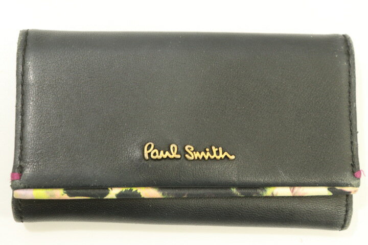 【中古】Paul Smith メンズキーケース -- 4連キーケース パンジープリントトリム Paul Smith -- 紺 ネイビー ロゴ